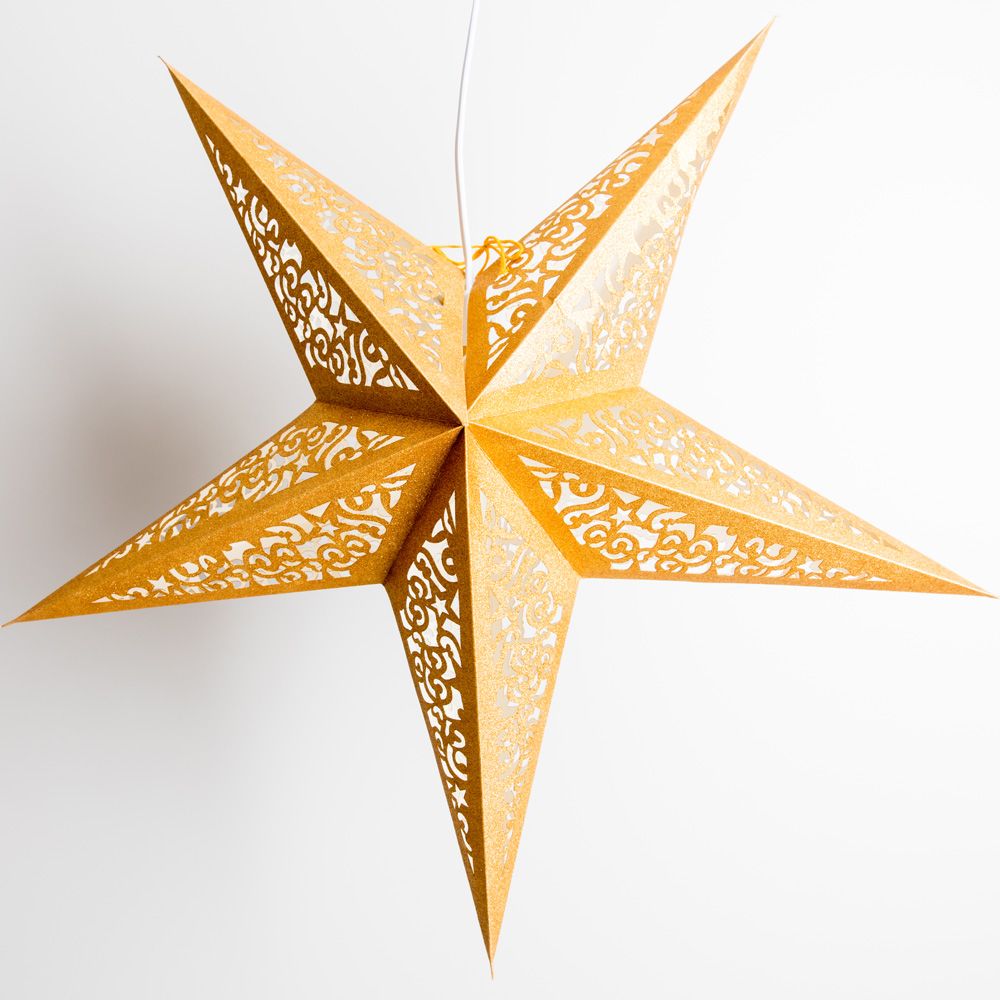 24 Gold Glitter Christmas Star Lanterns - Hanging Holiday Decorations for Home, Party & Outdoor Festive Decor