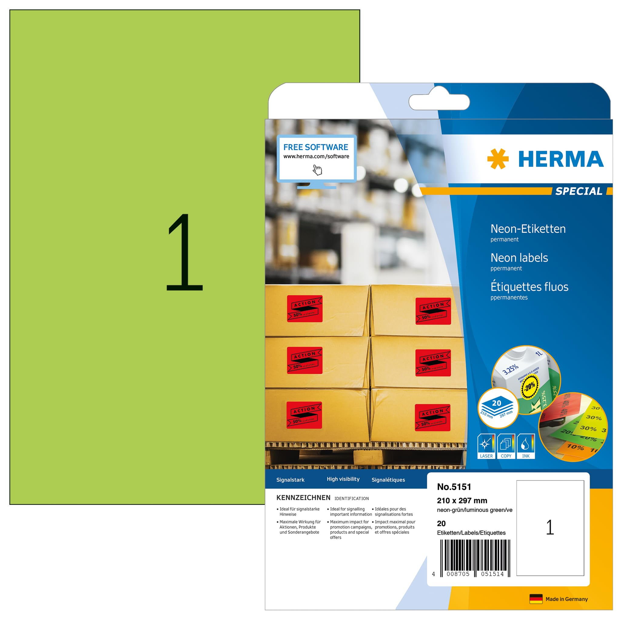 HERMA 5151 Self Adhesive Neon Green Labels - 20 Blank A4 Sheets (210x297mm) for Laser & Inkjet Printers - Perfect for Office Organization, Mailing & Color Coding
