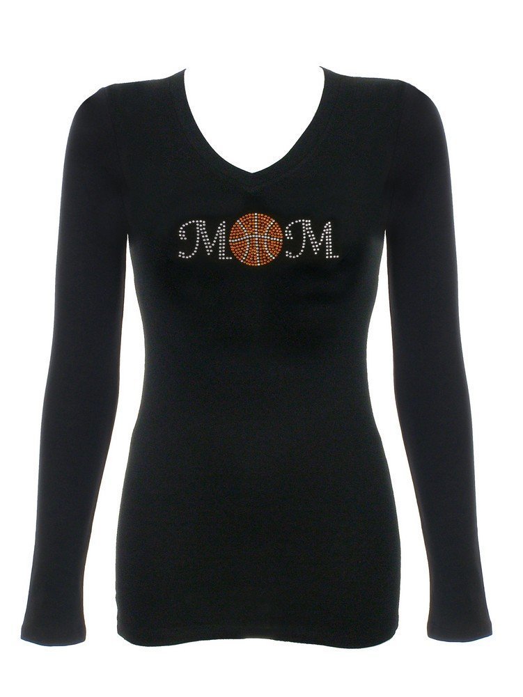 Stylish Women's Front & Back Rhinestone Bling Basketball Mom T-Shirt - Black - Perfect for Game Day, Team Spirit & Casual Wear