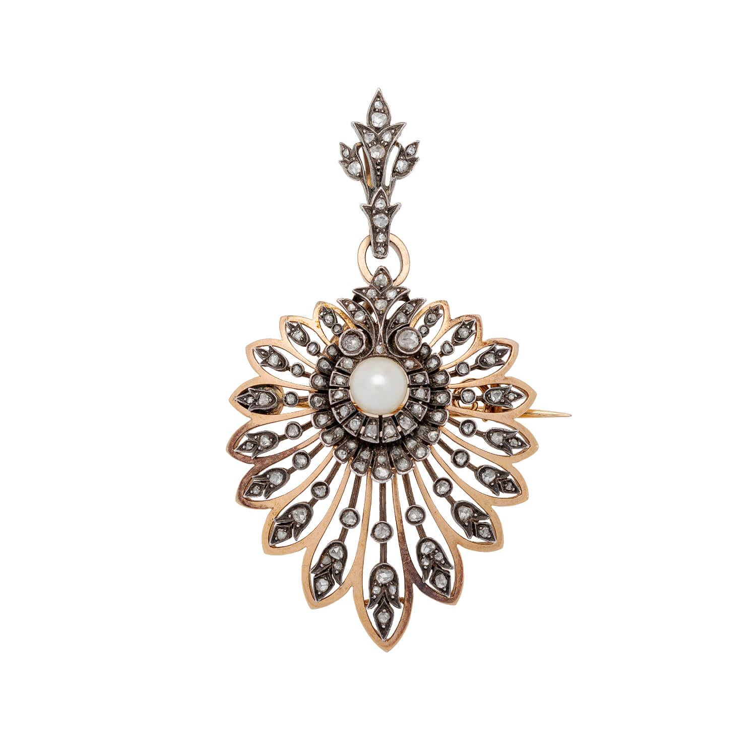 Victorian Style 18K Rose Gold & Sterling Silver Rose Cut Diamond and Pearl Brooch Pin & Pendant Necklace - Elegant Vintage Jewelry for Weddings, Parties & Special Occasions