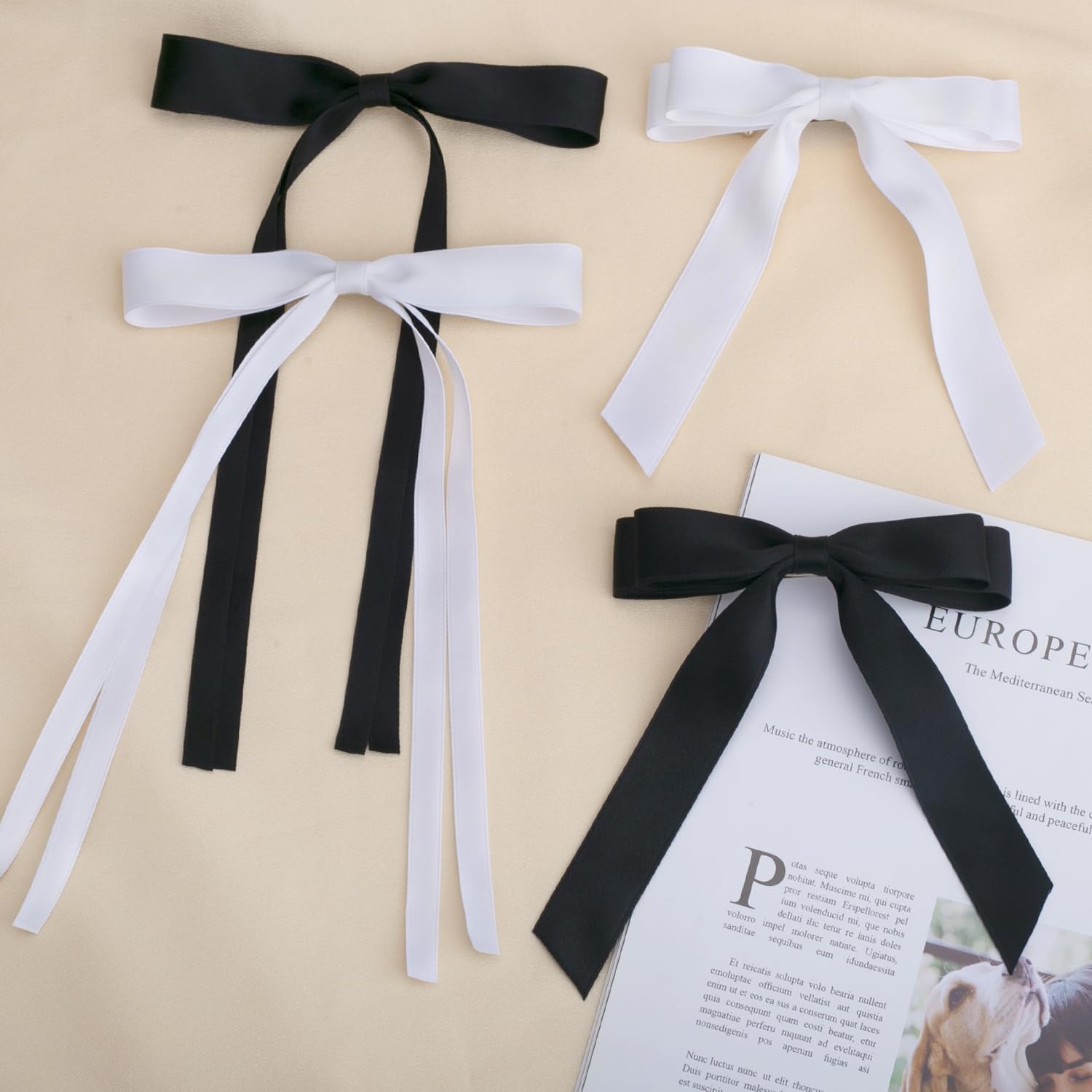 6 PCS Cute Hair Bows for Women & Girls - Tassel Ribbon Bowknot Hair Clips in Black & White - Perfect Hair Accessories for Parties, Weddings & Daily Wear
