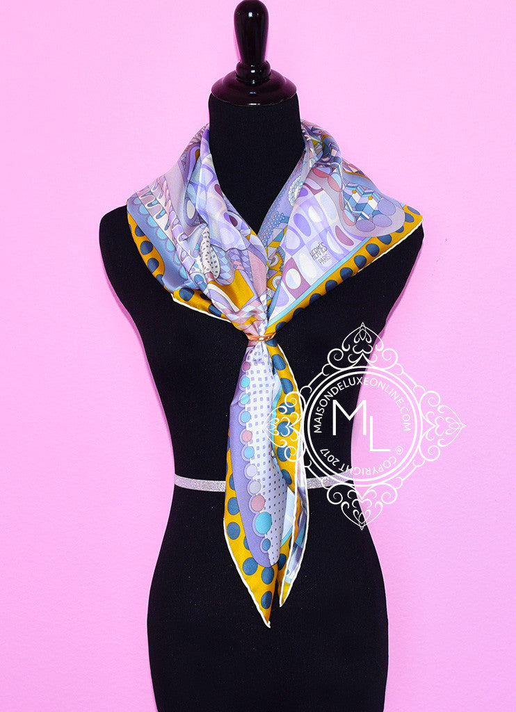 Hermes Purple Jaune Twill Silk 90 cm Scarf - Les Ailes de la Soie Design - Luxury Fashion Accessory for Women - Perfect for Gifts, Parties, and Elegant Outfits