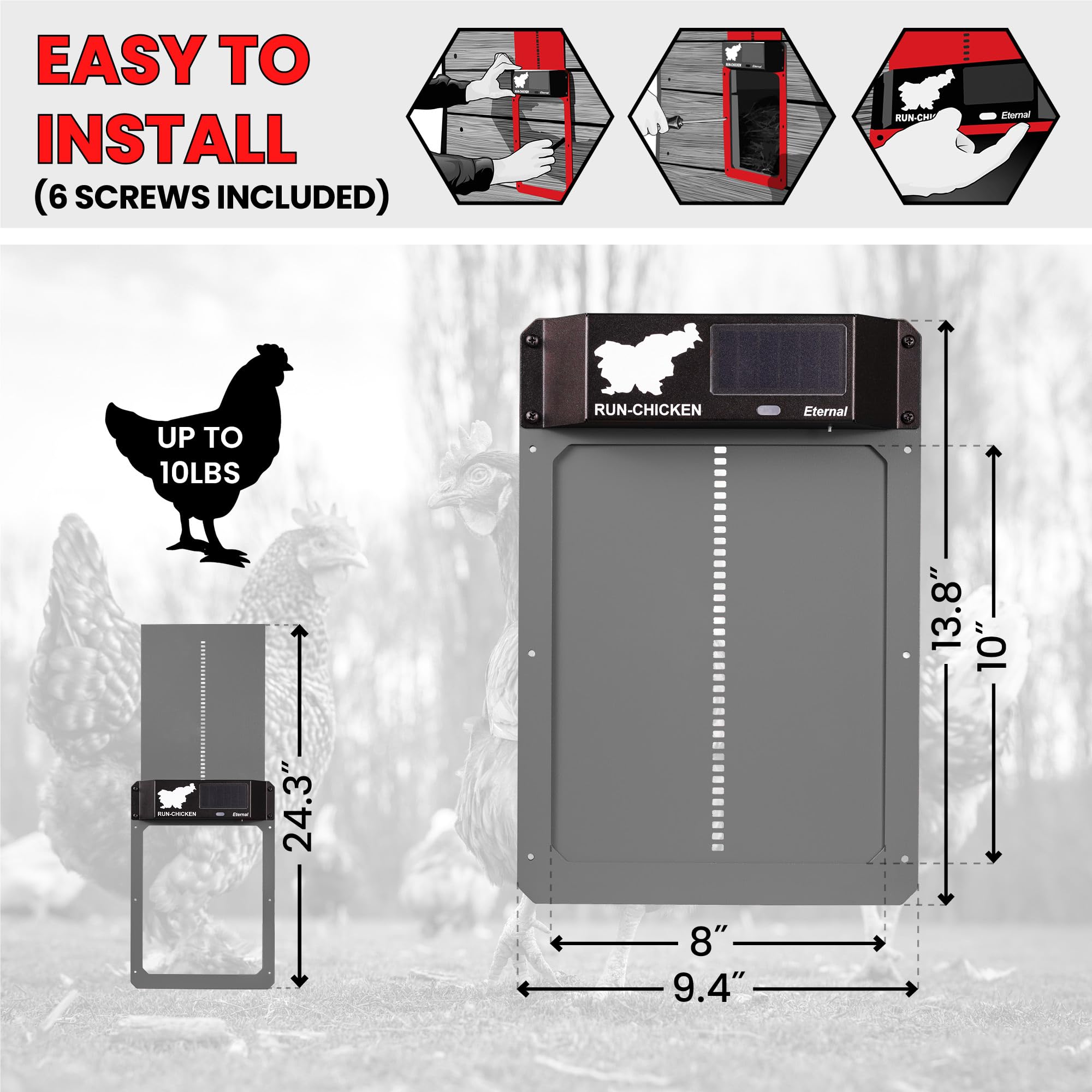 Solar Powered Automatic Chicken Coop Door - Programmable Electric Poultry Door with Timer & Light Sensor | Battery Backup | Gray RUN-CHICKEN Door | Perfect for Backyard Chicken Coops, Poultry Farms & Free-Range Hen Houses