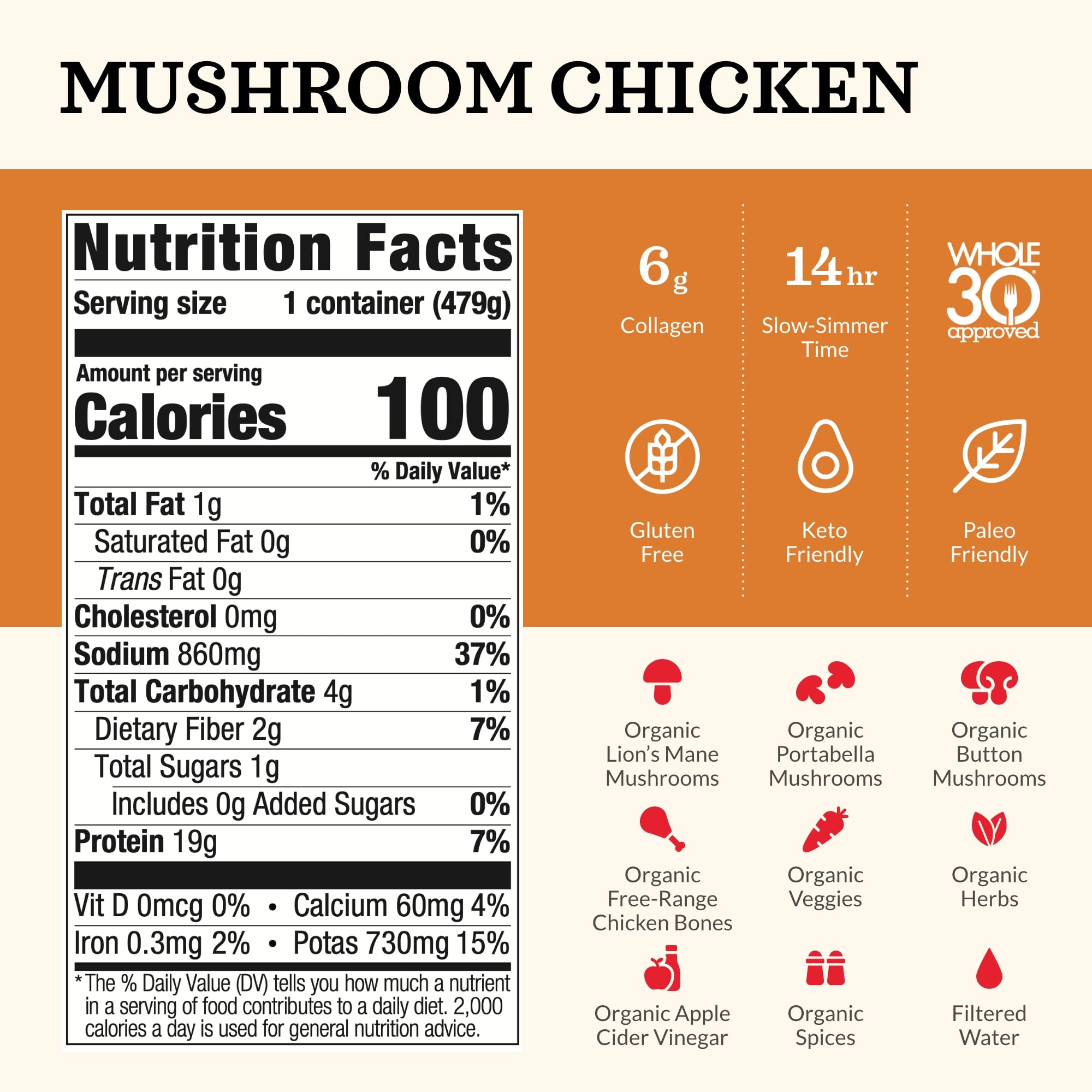 Kettle and Fire Mushroom Chicken Bone Broth - Keto, Paleo, Whole30 Approved, Gluten Free, 19g Protein, Natural Collagen Source, Pack of 6 - Perfect for Soups, Stews & Healthy Cooking