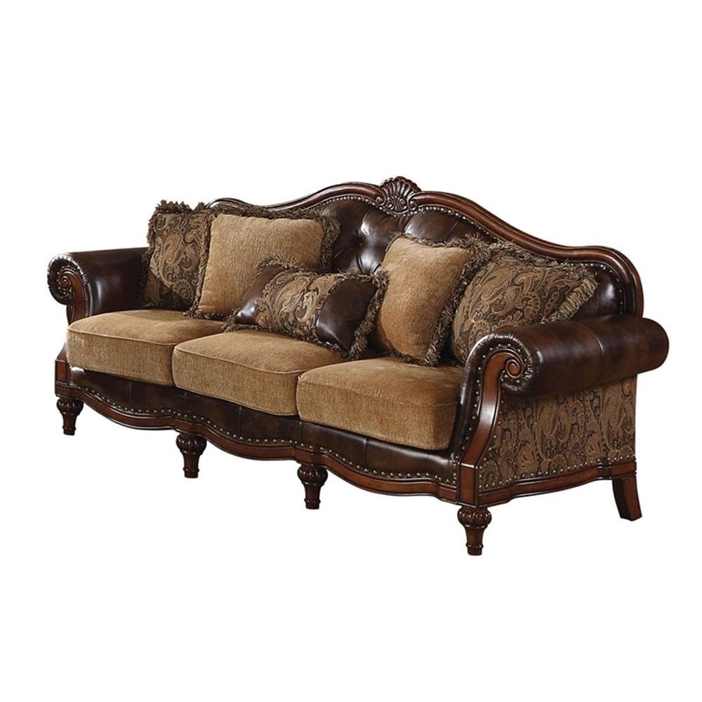 Acme Dreena Rolled Arm Faux Leather Sofa - Brown Upholstered Couch with 5 Decorative Pillows | Modern Living Room Furniture for Small Spaces & Apartments