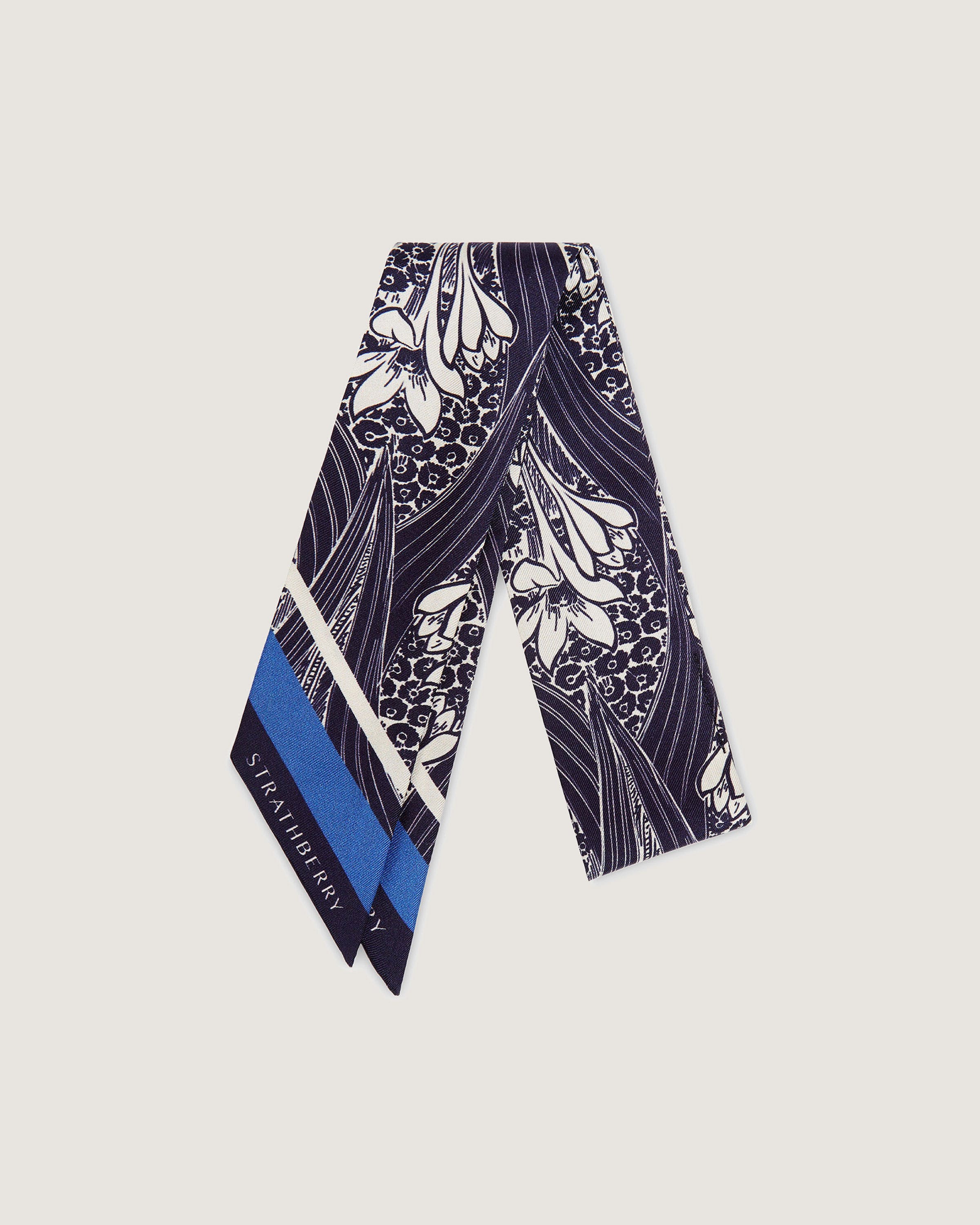 Silk Skinny Scarf - Soft & Lightweight Fashion Accessory for Women, Navy Blue/Vanilla - Perfect for Office, Travel & Everyday Outfits