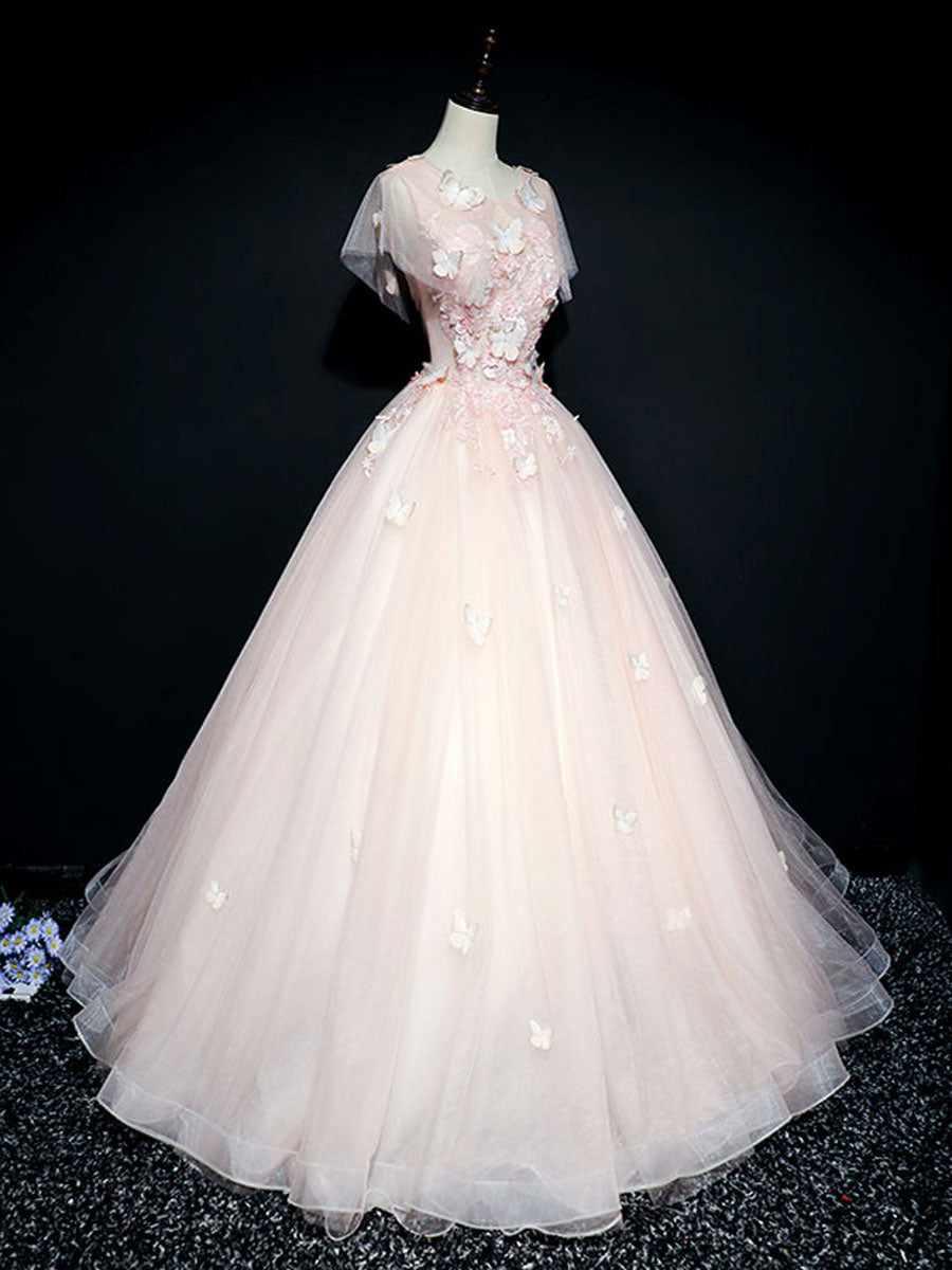 Elegant Pink Round Neck Tulle Lace Long Prom Dress for Women - Formal Evening Gown for Homecoming, Wedding, Ball & Special Occasions