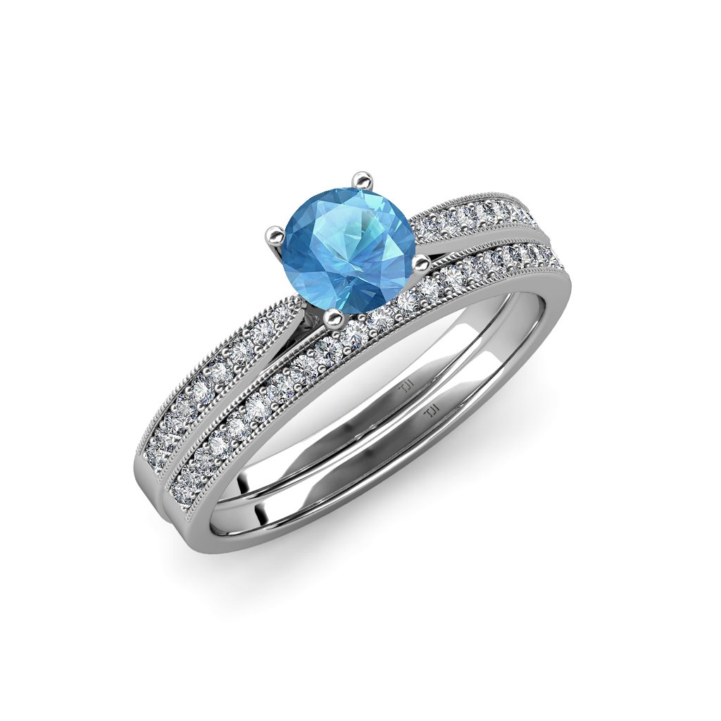 1.45ctw Blue Topaz & Diamond Milgrain Engagement Ring & Wedding Band Set in 14K White Gold – Perfect for Proposals, Anniversaries, and Bridal Jewelry