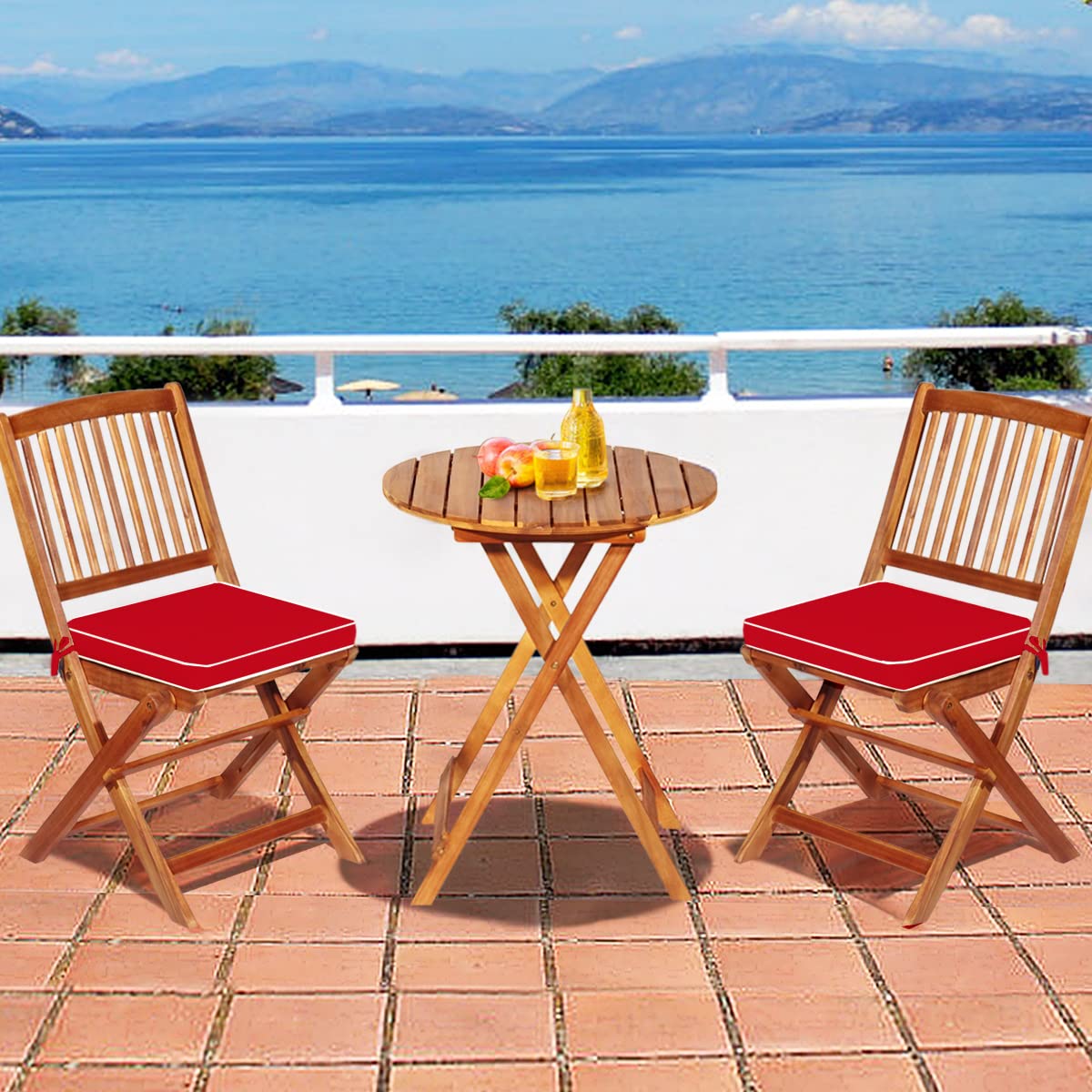 Giantex 3-Piece Patio Bistro Set - Wooden Folding Table with 2 Cushioned Chairs, Outdoor Garden Furniture for Yard, Deck, or Balcony - Natural & Red Wood Finish - Perfect for Small Spaces, Morning Coffee, and Outdoor Dining