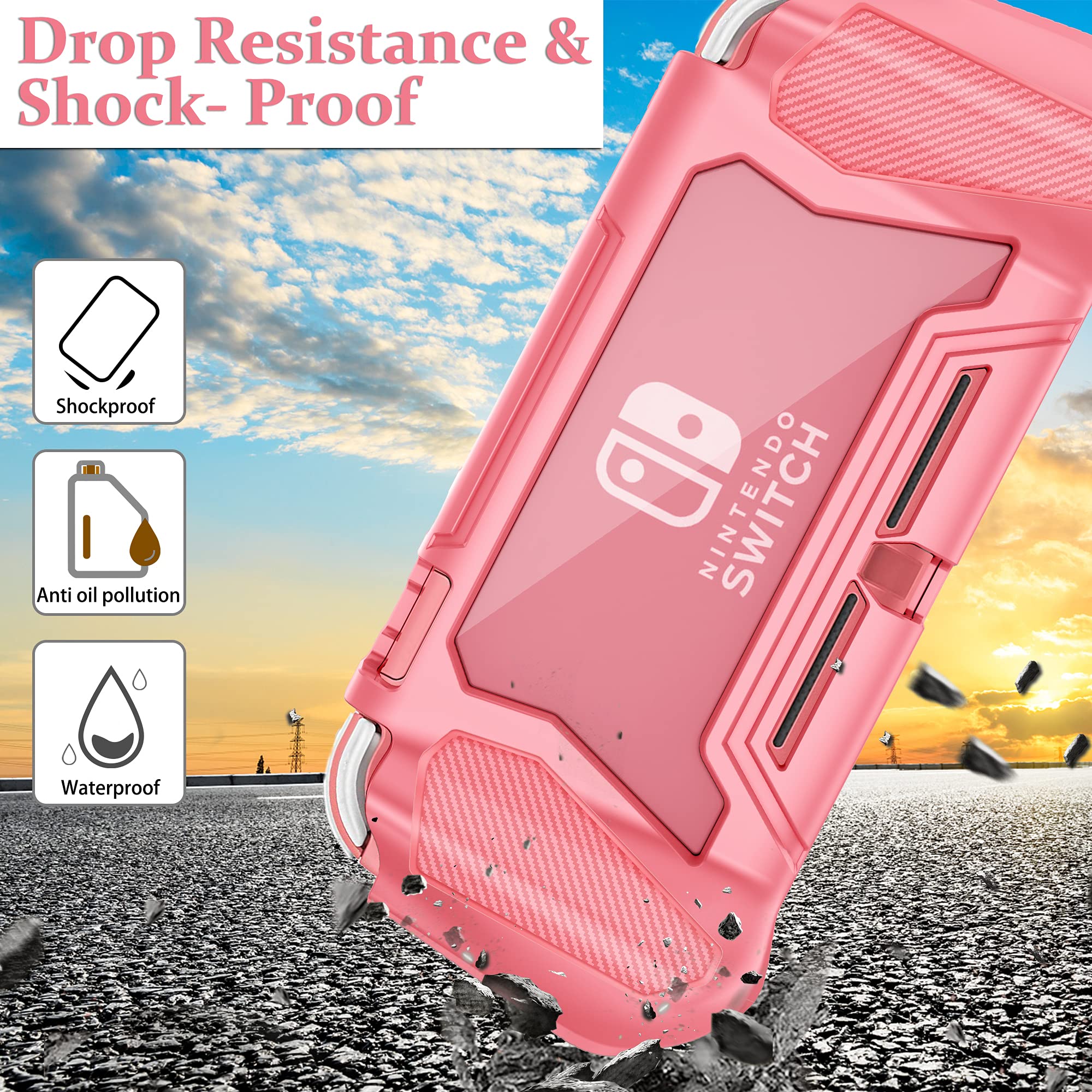 Nintendo Switch Lite Protective Case - Detachable TPU Cover with Built-in PC Screen Protector & 2 Thumb Grip Caps (Coral) | Shockproof Hand Grip Case for Enhanced Gaming Comfort - Perfect for Travel & Home Entertainment