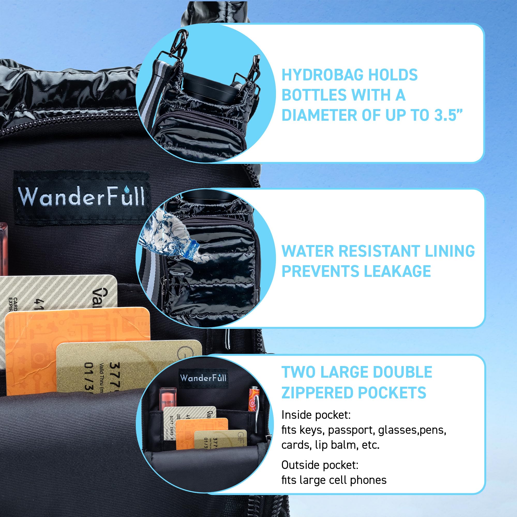 Quilted Water Bottle Holder with Strap - Crossbody Bag for Gym & Travel