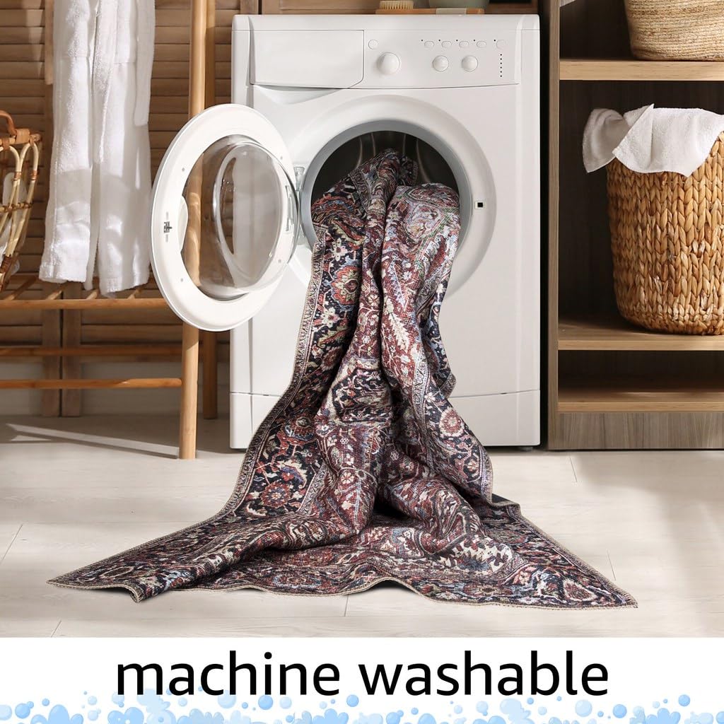 Keen Home Design 2x12 Washable Runner Rug - Non-Slip Vintage Low Pile Rug for Hallway, Entryway, Kitchen & Laundry Room - Durable Easy Clean Carpet (2'6