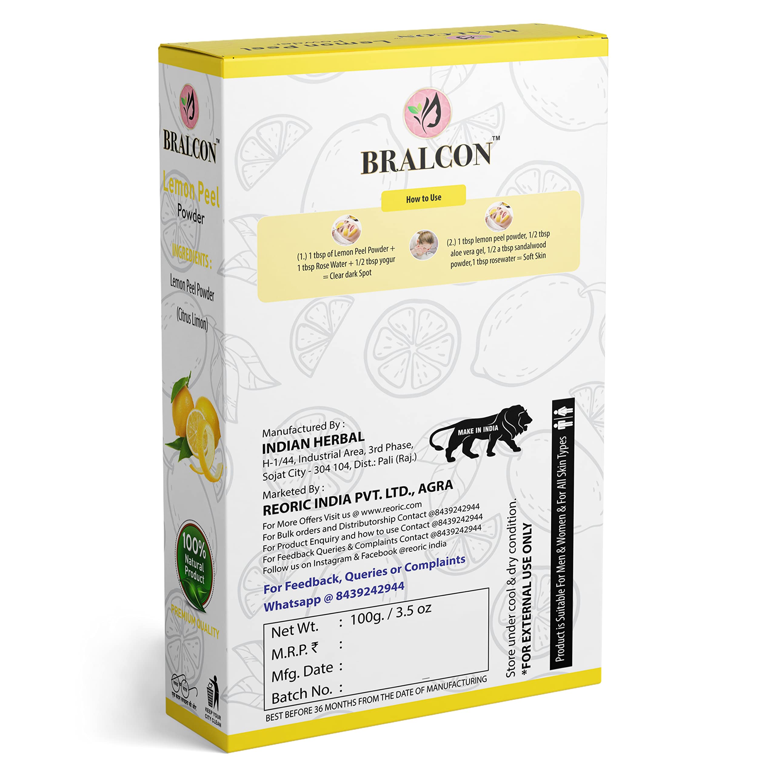 BRALCON Organic Pomegranate Peel Powder & Lemon Peel Powder Combo - 200g (100g x 2) | Natural Skin Care for Face Masks, Hair Treatment & DIY Beauty | Brightening, Exfoliating & Nourishing | Perfect for Homemade Spa, Acne Treatment & Glowing Skin Routine