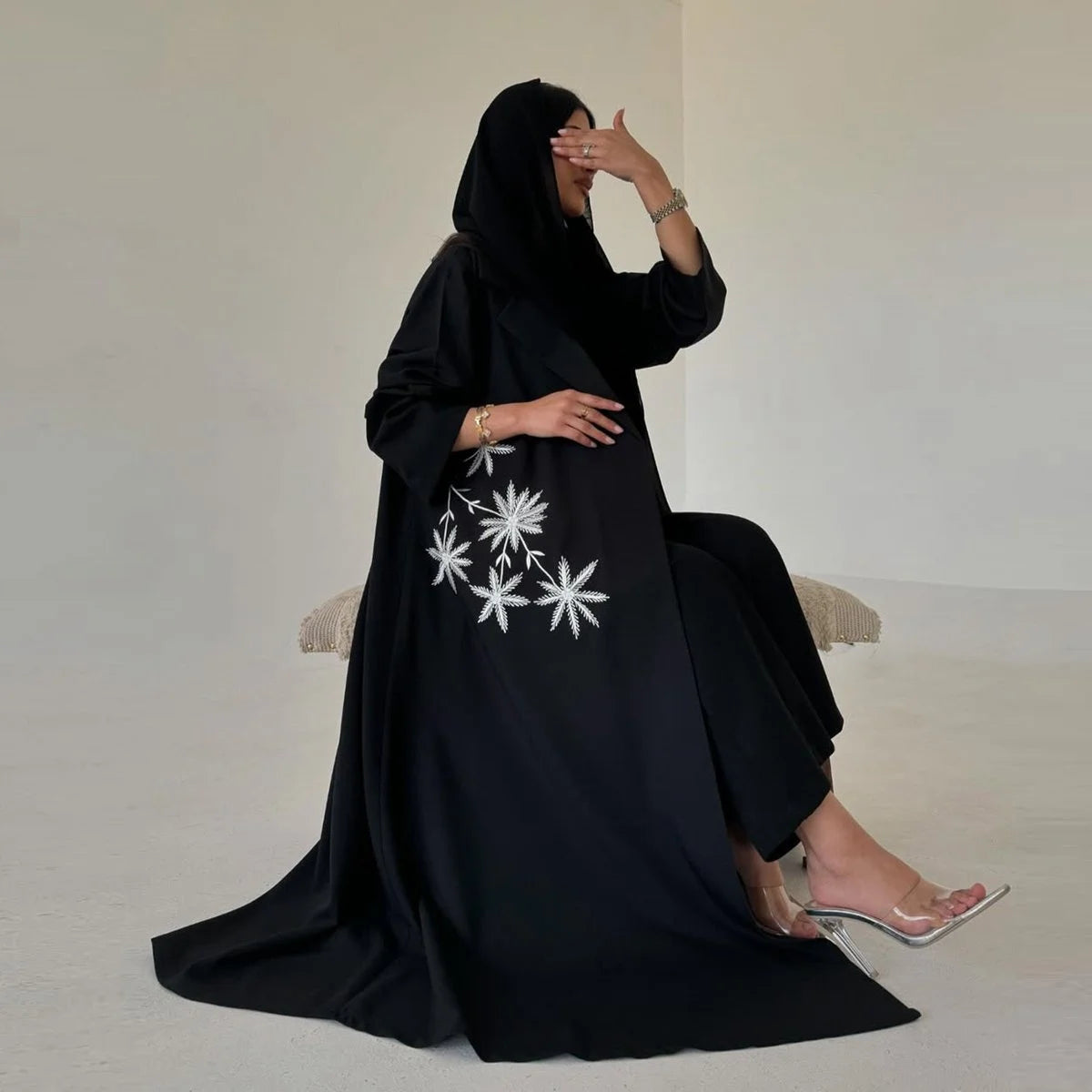 Elegant Black Embroidered Open Abaya Dress with Cardigan - Modest Muslim Fashion for Prayer, Evening Wear & Special Occasions