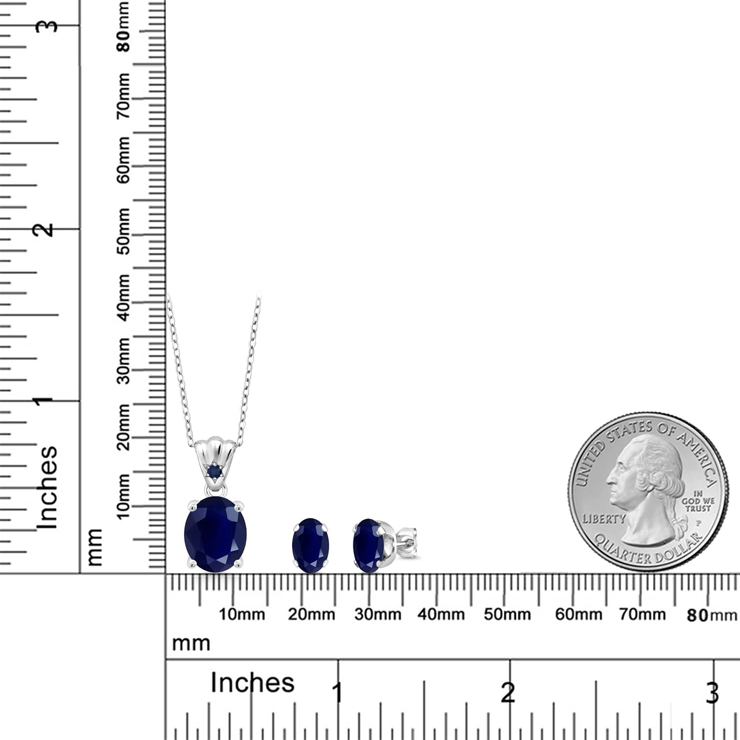 Gem Stone King 925 Sterling Silver Blue Sapphire Pendant & Earrings Set for Women - 8.14 Cttw Oval Birthstone Jewelry (11x9mm & 8x6mm) with 18