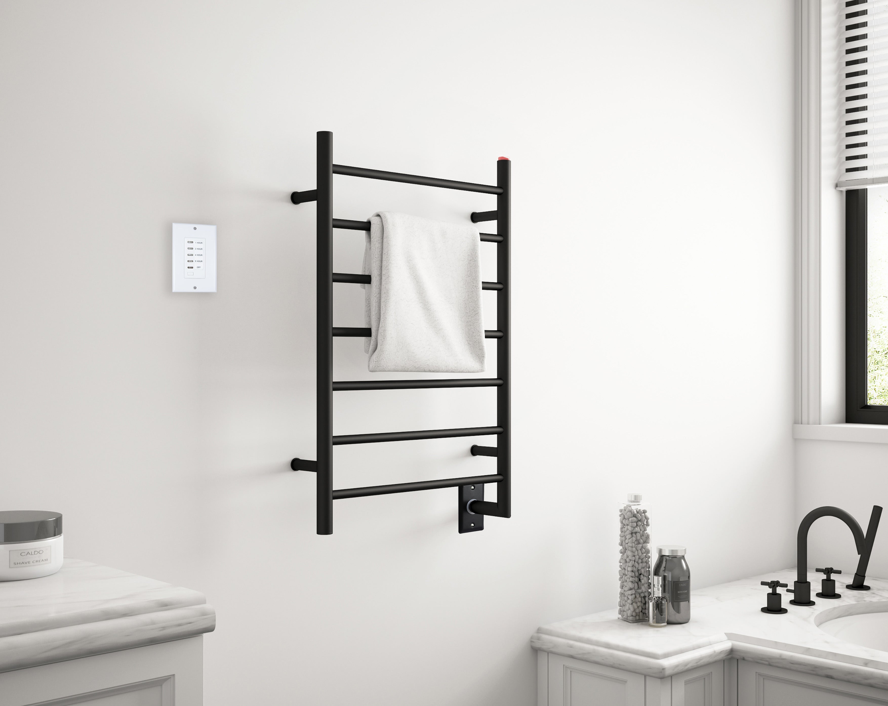 Matte Black Hardwired 7-Bar Towel Warmer with Wall Timer - Bathroom Luxury for Spa, Hotel & Home Use