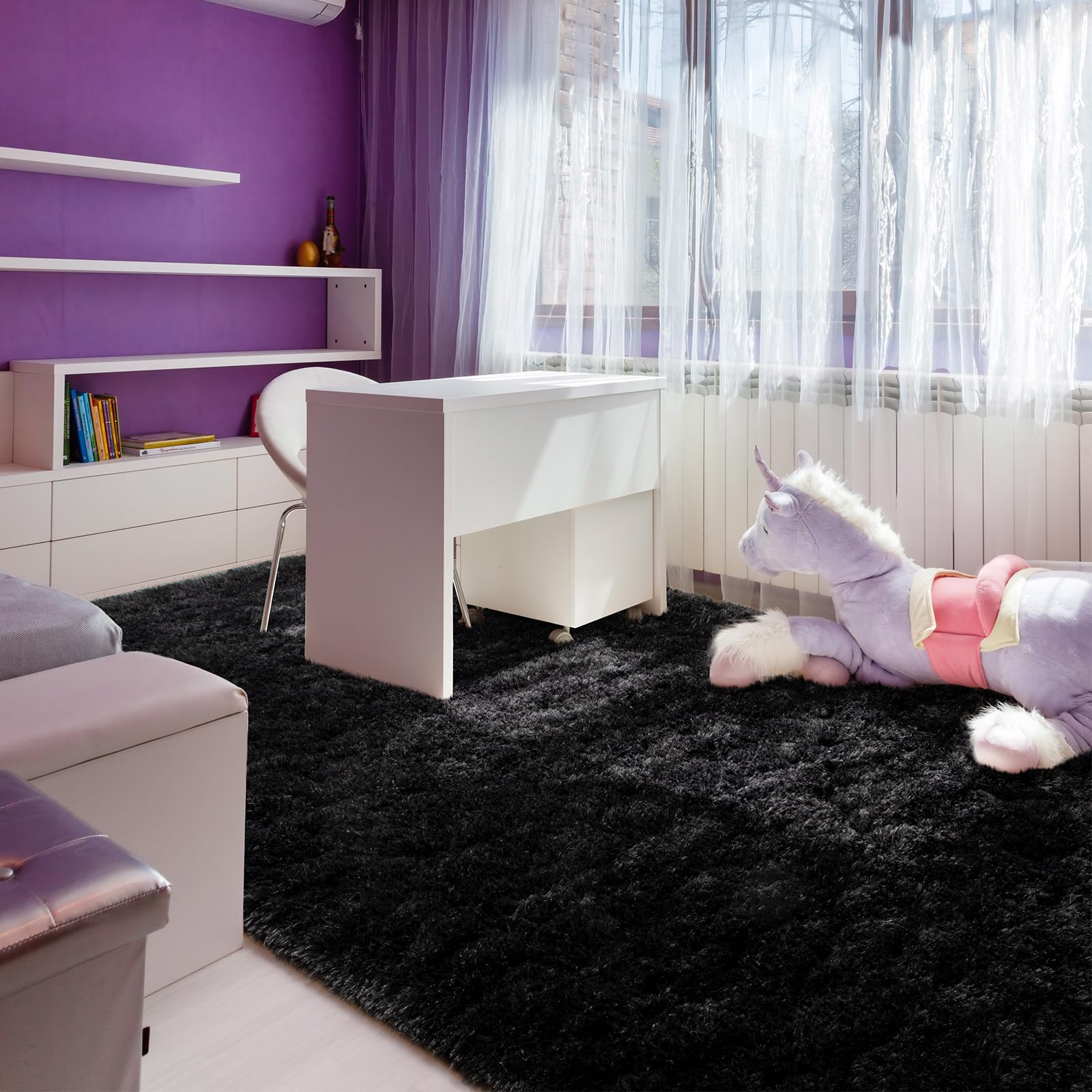 Andecor Soft Fluffy Shaggy Area Rug 8x10 Feet - Plush Bedroom Rug for Kids, Boys & Girls - Non-Slip Nursery, Dorm, Living Room Carpet - Cozy Home Decor Floor Mat (Black) - Perfect for Playrooms, Bedside & Lounge Areas
