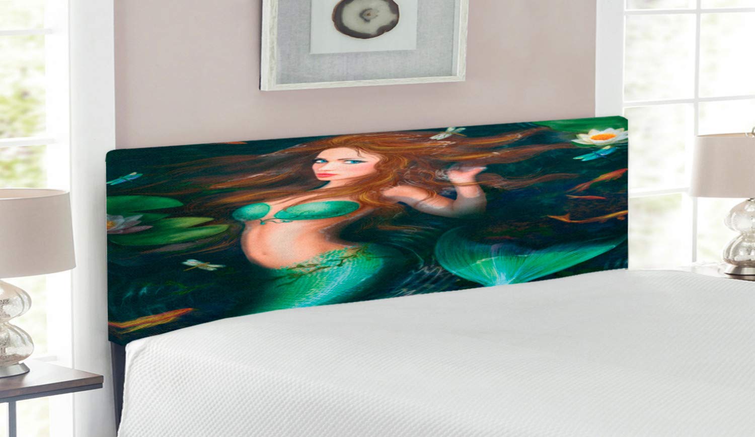 Ambesonne Queen Size Upholstered Metal Headboard with Memory Foam - Underwater Fantasy Mermaid Design with Lilies & Leaves in Green Brown Jade | Perfect for Bedroom Decor, Coastal Theme & Mermaid Lovers
