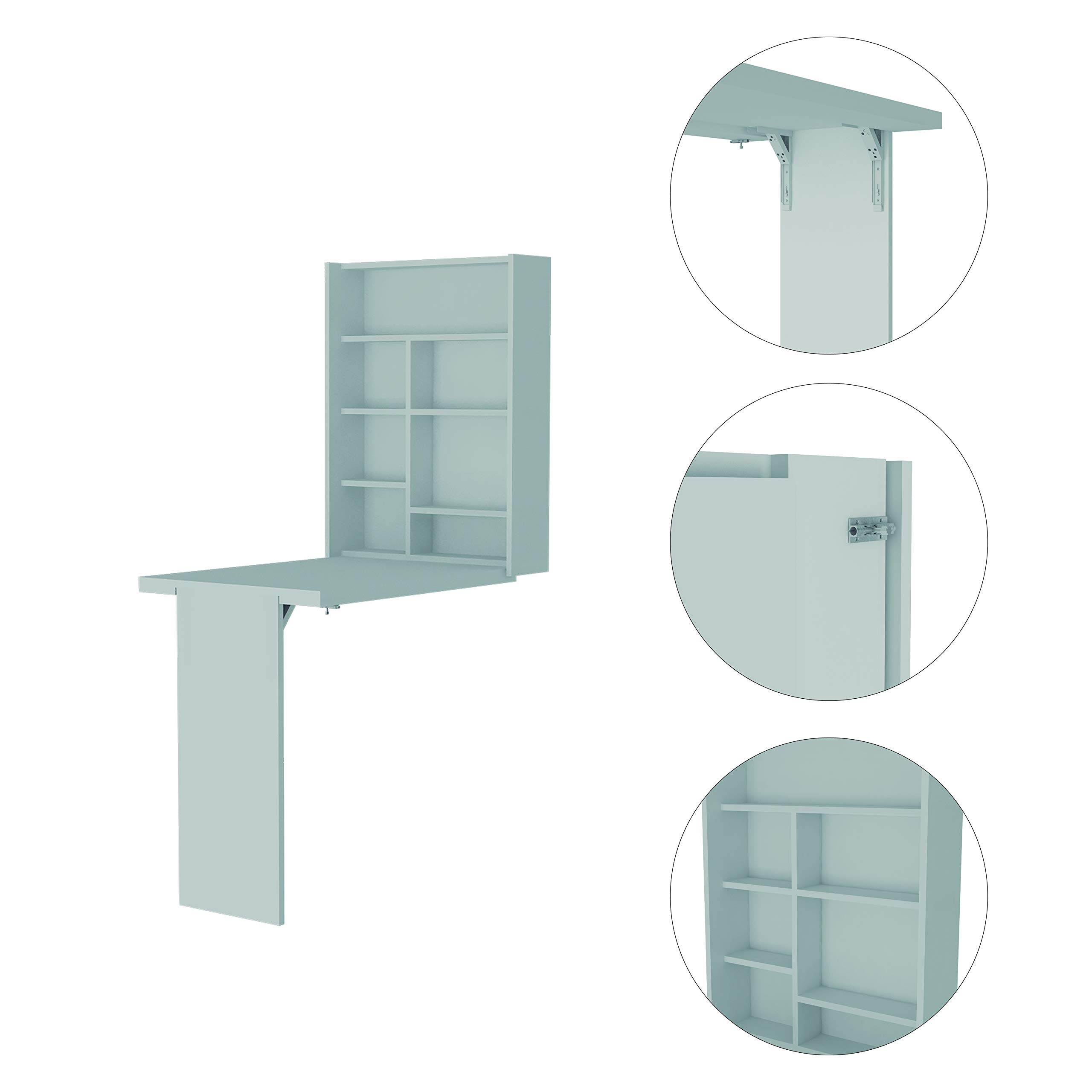 Foldable Wall Mounted Table with 7 Shelves - White Toscana Style for Small Spaces, Home Office & Kitchen Organization | Space Saving Furniture for Apartments & Dorm Rooms