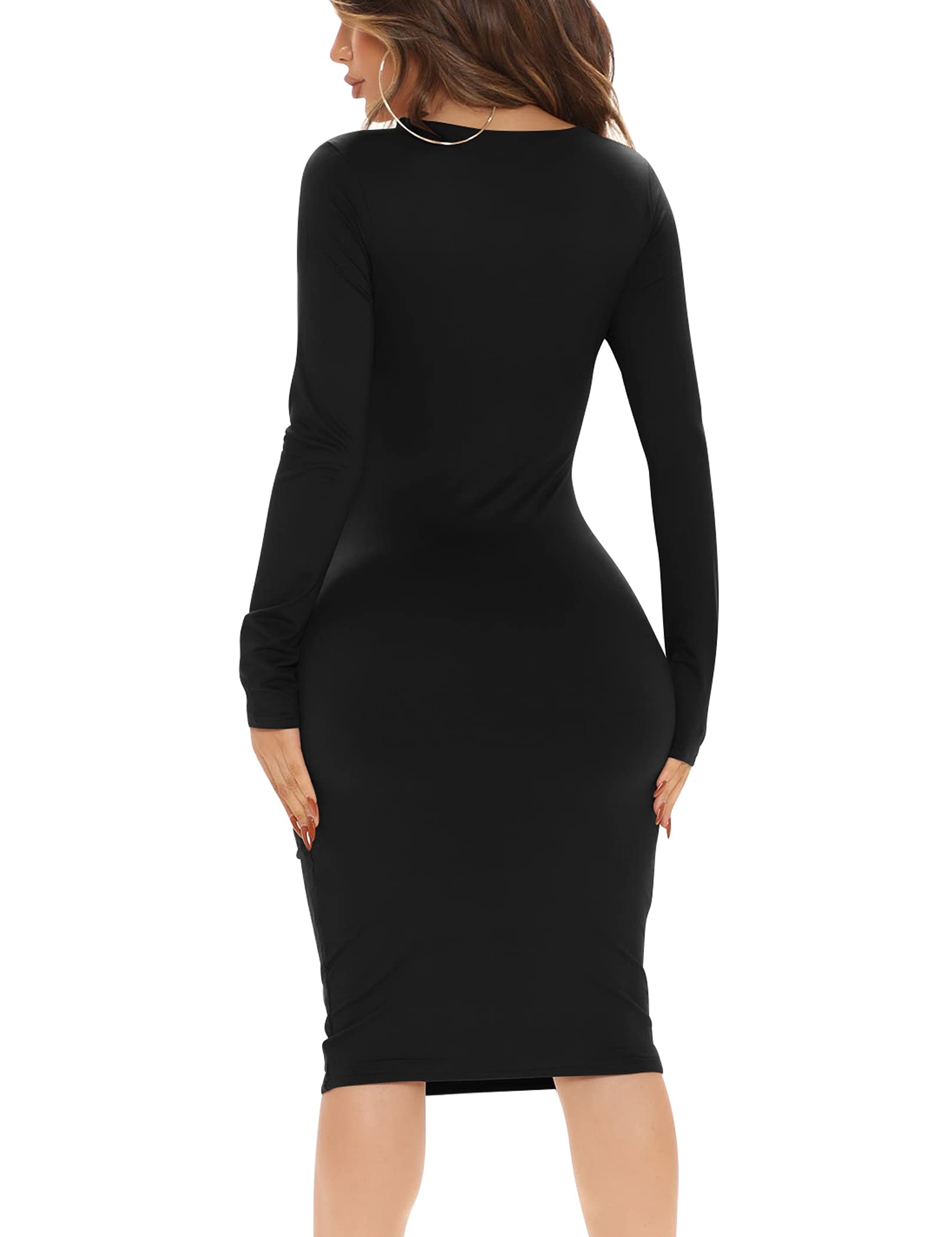 BORIFLORS Women's Sexy Bodycon Long Sleeve Deep V Neck Club Party Midi Pencil Dress - Perfect for Night Out, Date Night, Cocktail Parties & Special Occasions