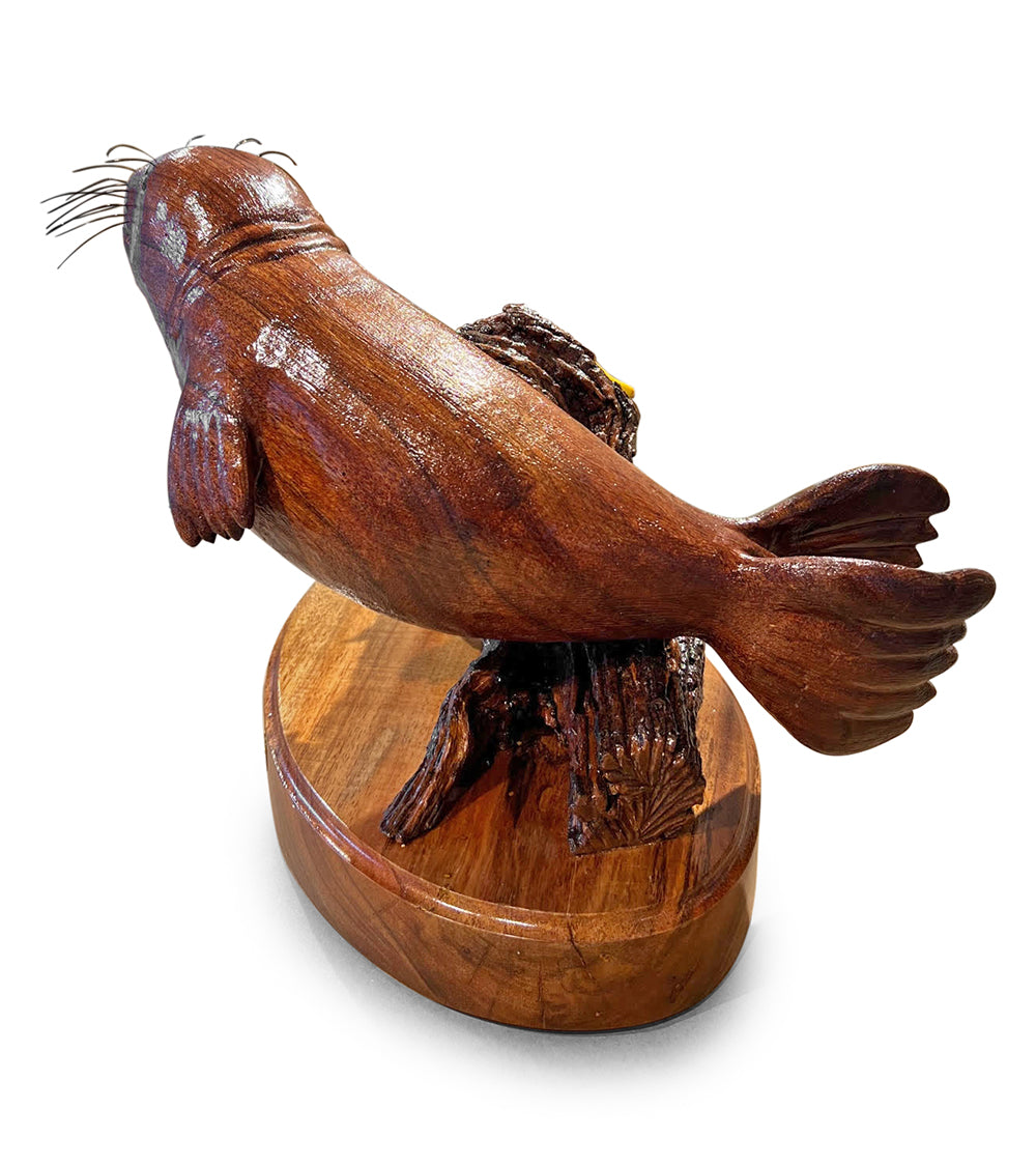 Handcrafted Koa Wood Sculpture - Hawaiian Monk Seal & Yellow Tang by Artist Craig Nichols | Unique Hawaiian Home Decor, Gift for Nature Lovers, Office Desk Art