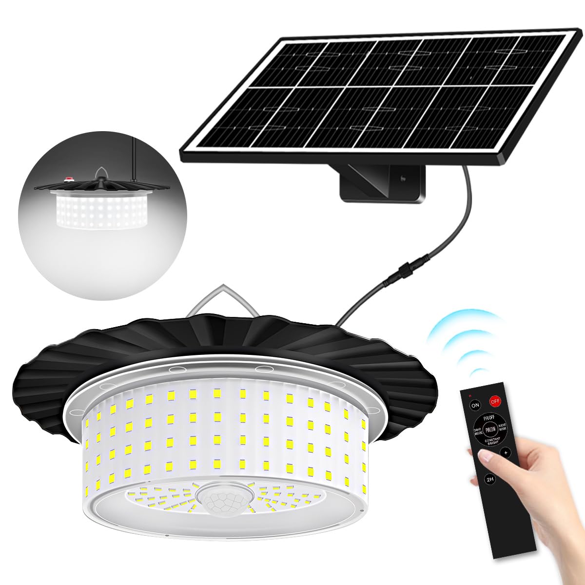 244 LED Solar Lights Outdoor Waterproof - Motion Sensor Solar Pendant Light with Remote Control - Dusk to Dawn Solar Hanging Lights for Shed, Patio, Garage, Yard, Deck & Pathway Lighting