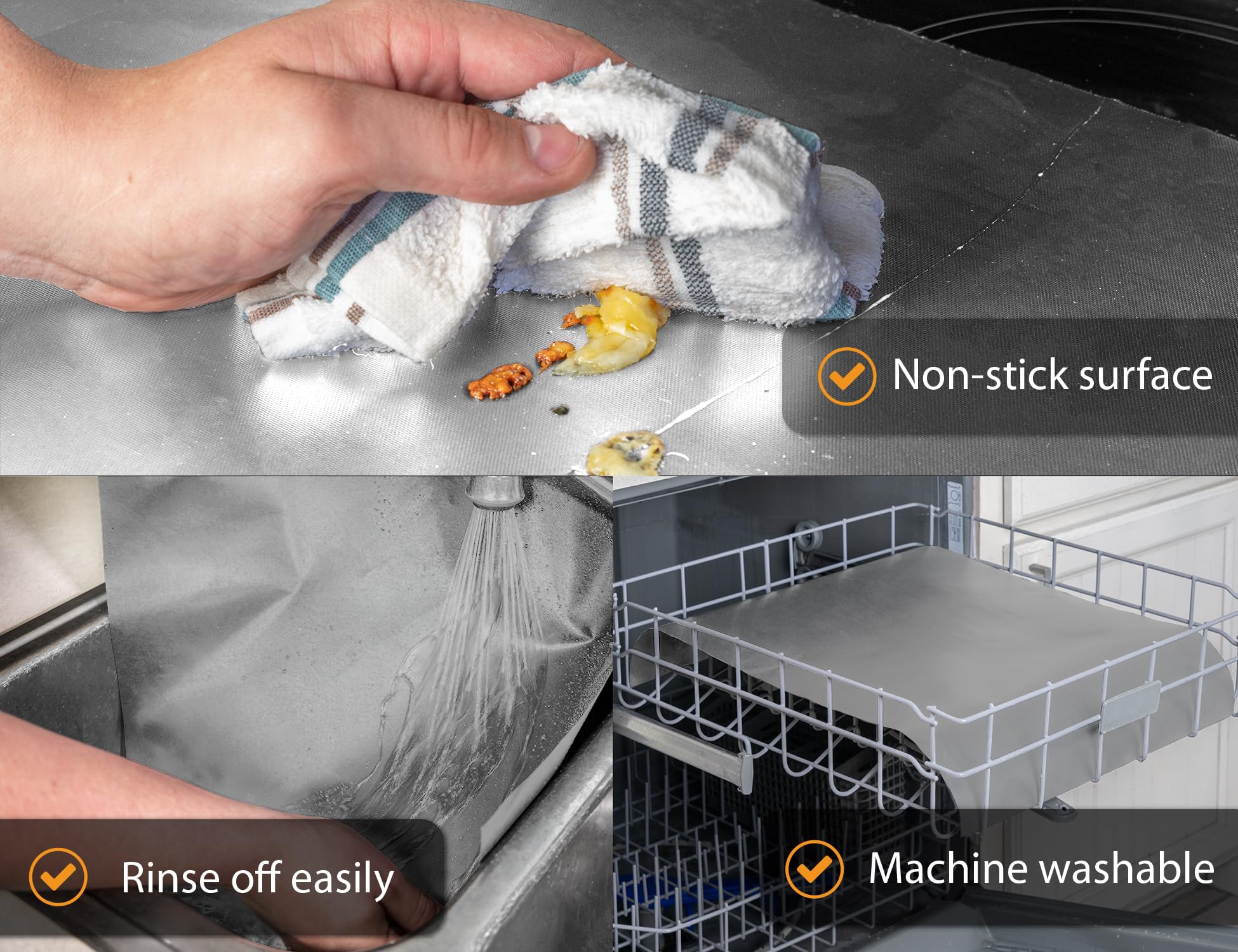 Non-Stick Oven Liners for Bottom of Oven - 2 Pack Heavy Duty Reusable Baking Mats (17”x25”) - BPA & PFOA Free for Electric, Gas Ovens, Toasters & Grills - Easy Clean Kitchen Accessory for Baking, Roasting & Broiling (Silver)