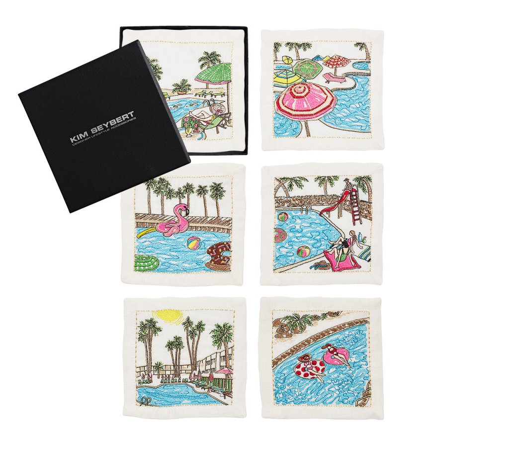 Premium White & Multi-Colored Pool Day Cocktail Napkins - Set of 6 Elegant Drink Coasters in Gift Box - Perfect for Summer Parties, Poolside Gatherings & Outdoor Entertaining