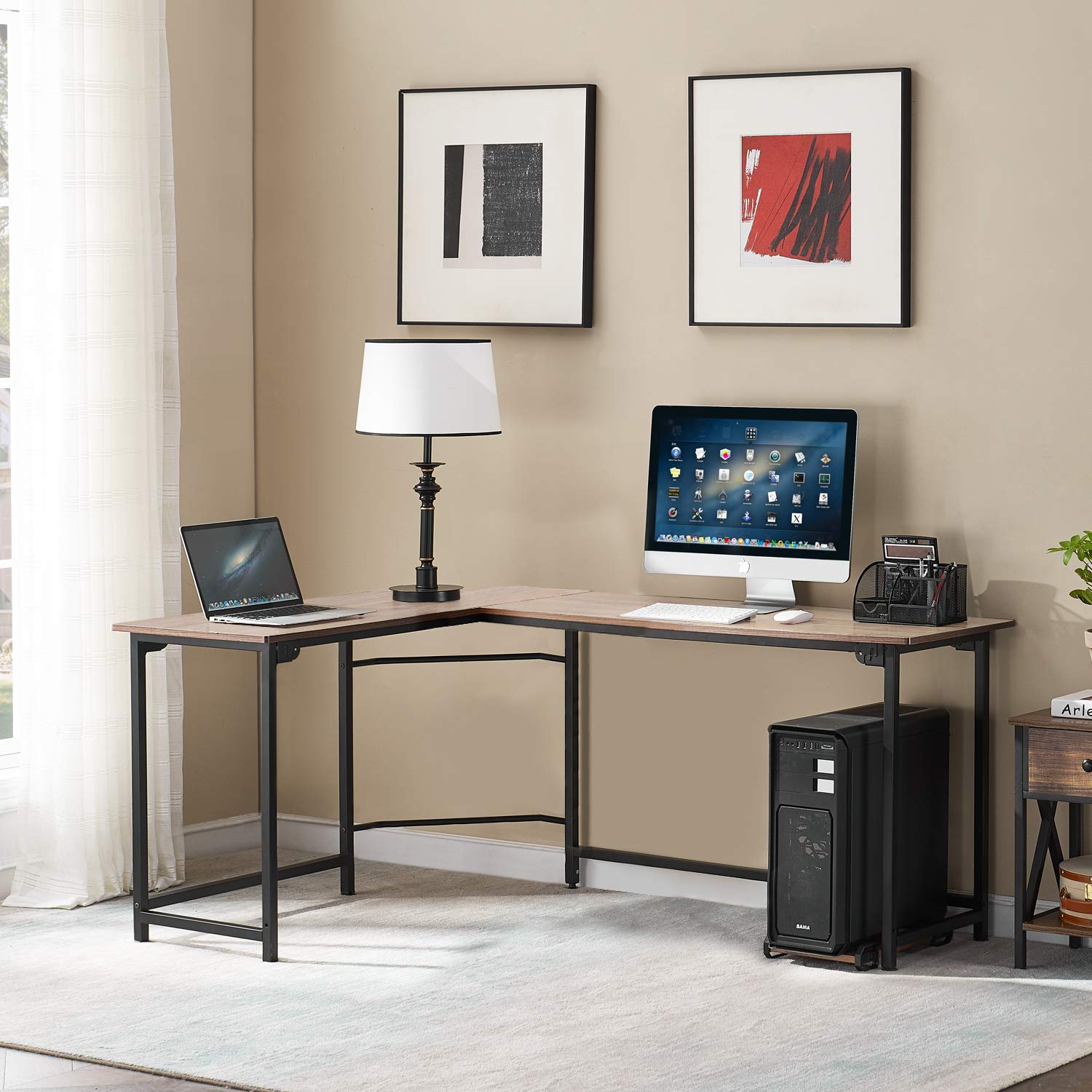 VECELO Modern L-Shaped Corner Computer Desk with CPU Stand - Home Office Workstation for PC & Laptop, Study Writing Table - Metal Frame with Rubber Wood Top & Black Legs - Perfect for Small Spaces & Gaming Setups