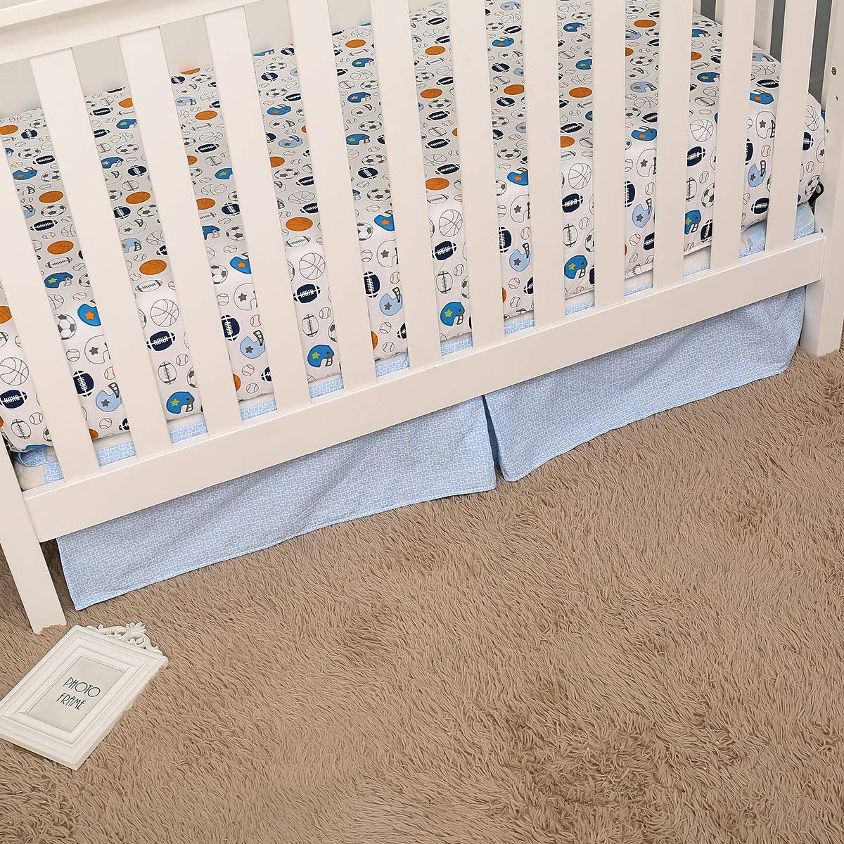 4-Piece Blue Grey Sports Nursery Crib Bedding Set for Baby Boys - Includes Quilt, Fitted Sheet, Skirt & Window Valance | Perfect for Sports-Themed Nursery Decor & Baby Shower Gifts