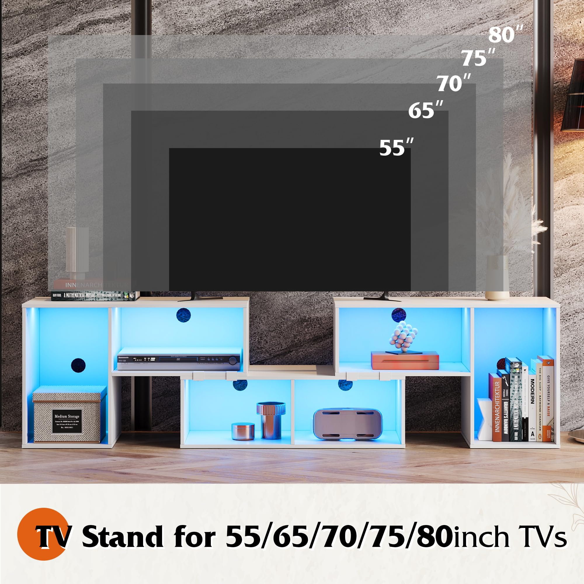 WLIVE Modern TV Stand with LED Lights - Adjustable 3-Piece Entertainment Center for Living Room & Bedroom - White Gaming Media Console Cabinet for TVs up to 65