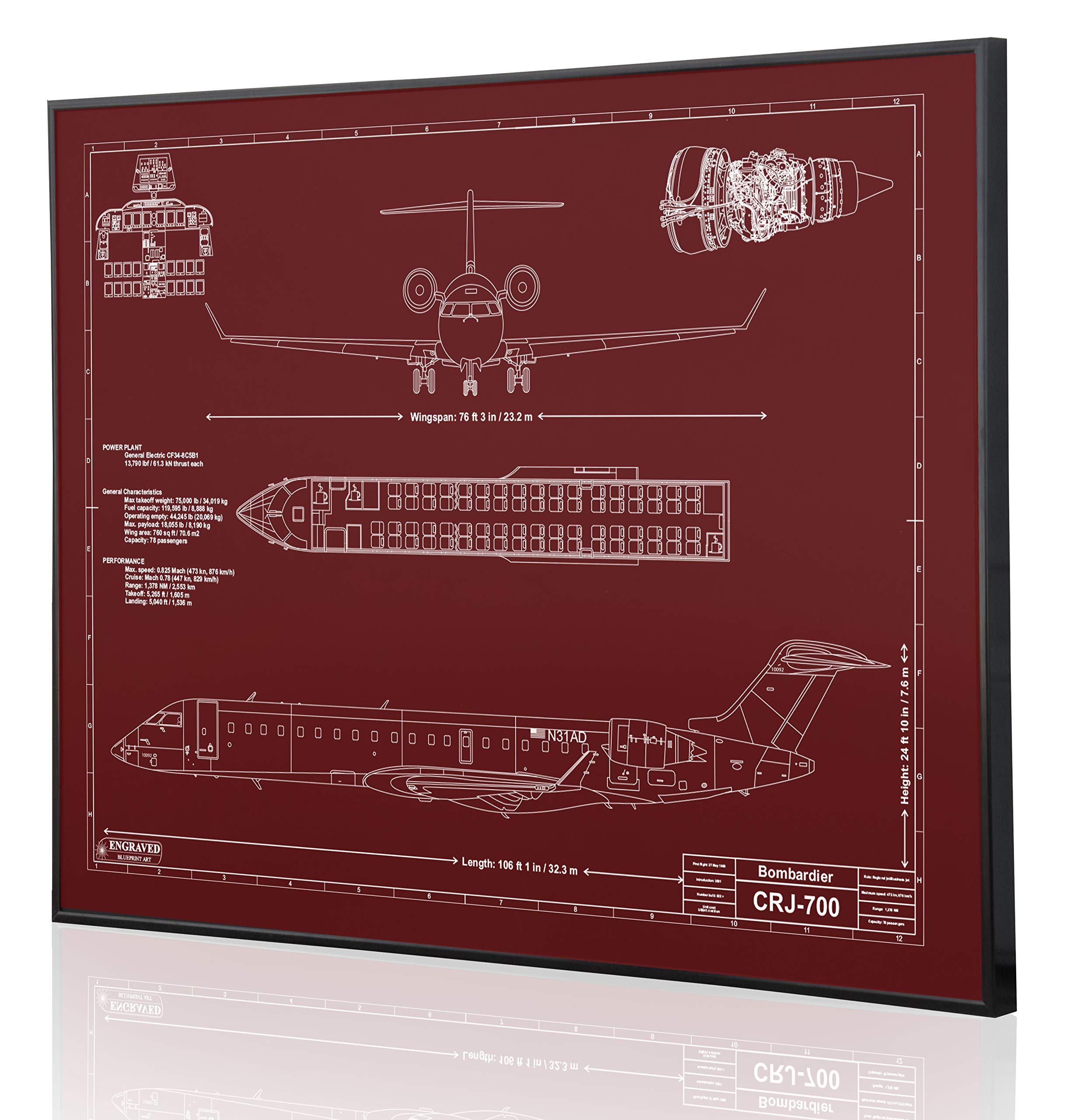 Bombardier CRJ-700 Blueprint Wall Art - Laser Engraved & Customizable Aviation Gift for Pilots - Perfect for Home Office Decor, Pilot Appreciation, and Aviation Enthusiast Collections