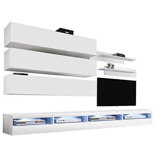 Modern White Wall-Mounted TV Stand with Storage Shelves & LED Lights - 35