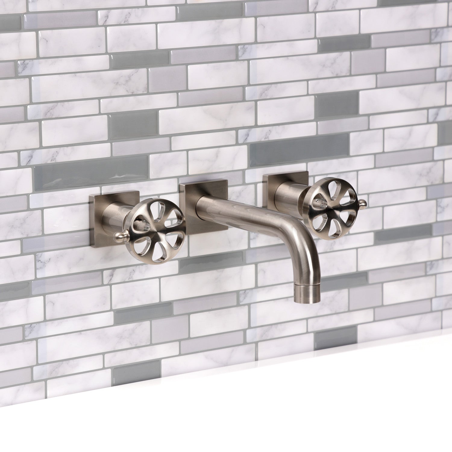 Belknap KS6128RX Brushed Nickel Double Handle 3-Hole Wall Mount Bathroom Faucet - Perfect for Modern Bathrooms and Powder Rooms