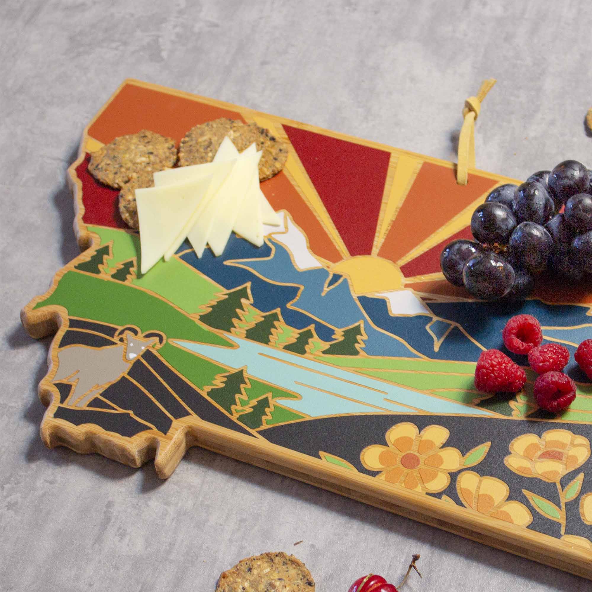 Handcrafted Montana Wood Cutting Board with Summer Stokes Artwork – Durable Kitchen Essential for Chopping, Serving & Home Decor