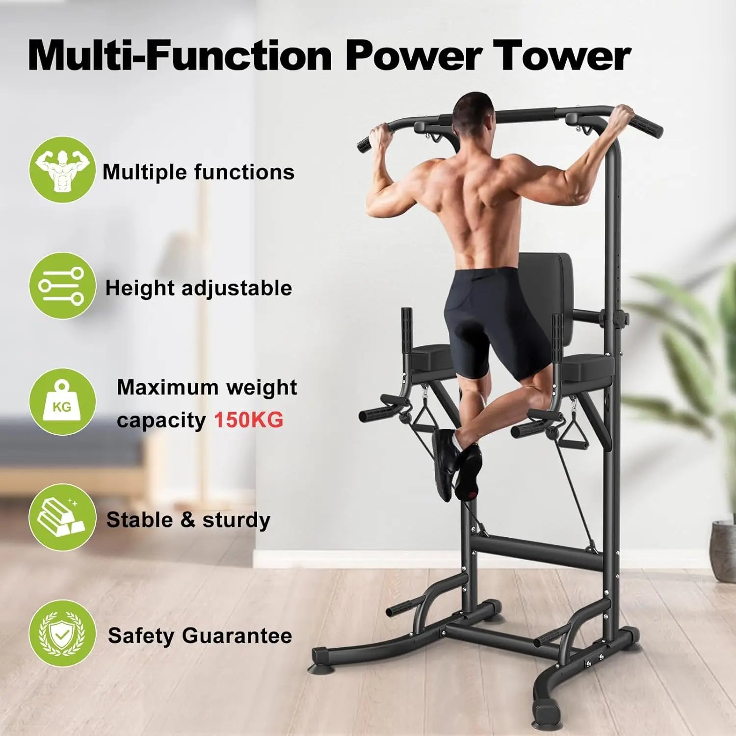 Multi-Function Power Tower Dip Station with Pull Up Bar - Home Gym Strength Training Equipment for Push Ups, Abdominal Exercises & Full Body Workouts - Perfect for Small Spaces, Garage & Home Fitness