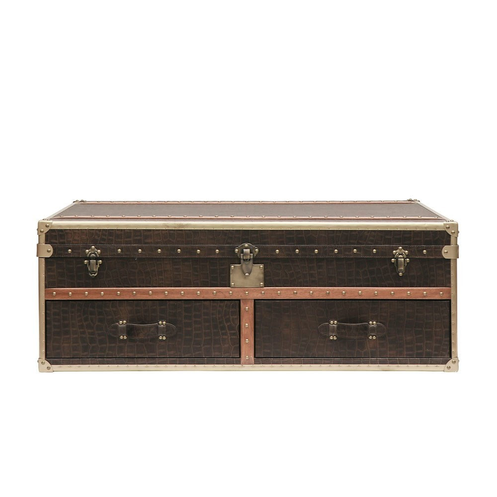 Bon Voyage Vintage Leather Trunk Coffee Table - Aged Brown Distressed Finish | Stylish Living Room Furniture for Home Decor & Storage
