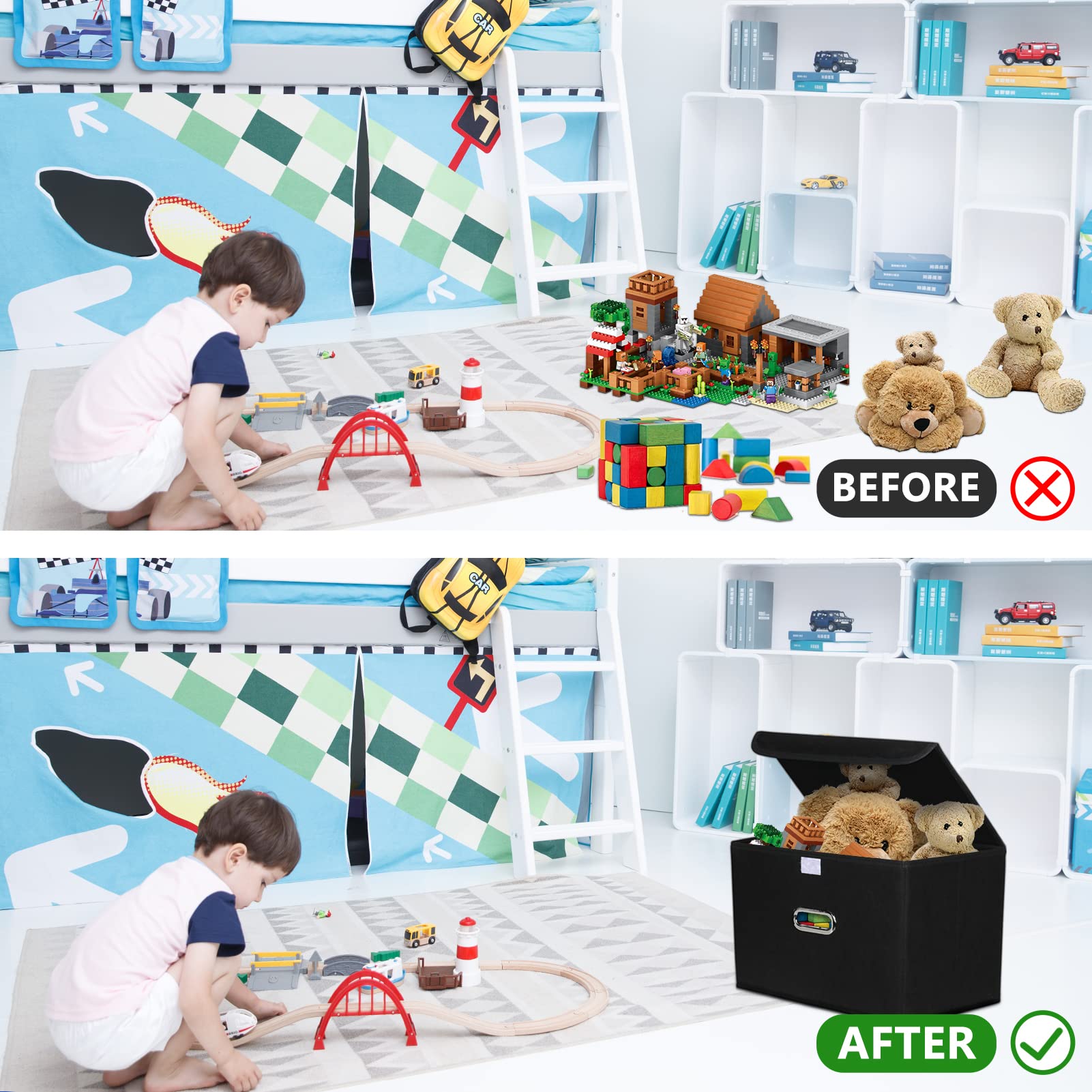 STOREONE 3-Pack Fabric Storage Bins with Lids & Metal Handles - Foldable Closet Organizer, Collapsible Cube Baskets for Bedroom, Home Organization - Perfect for Toys, Blankets & Seasonal Storage (Black)