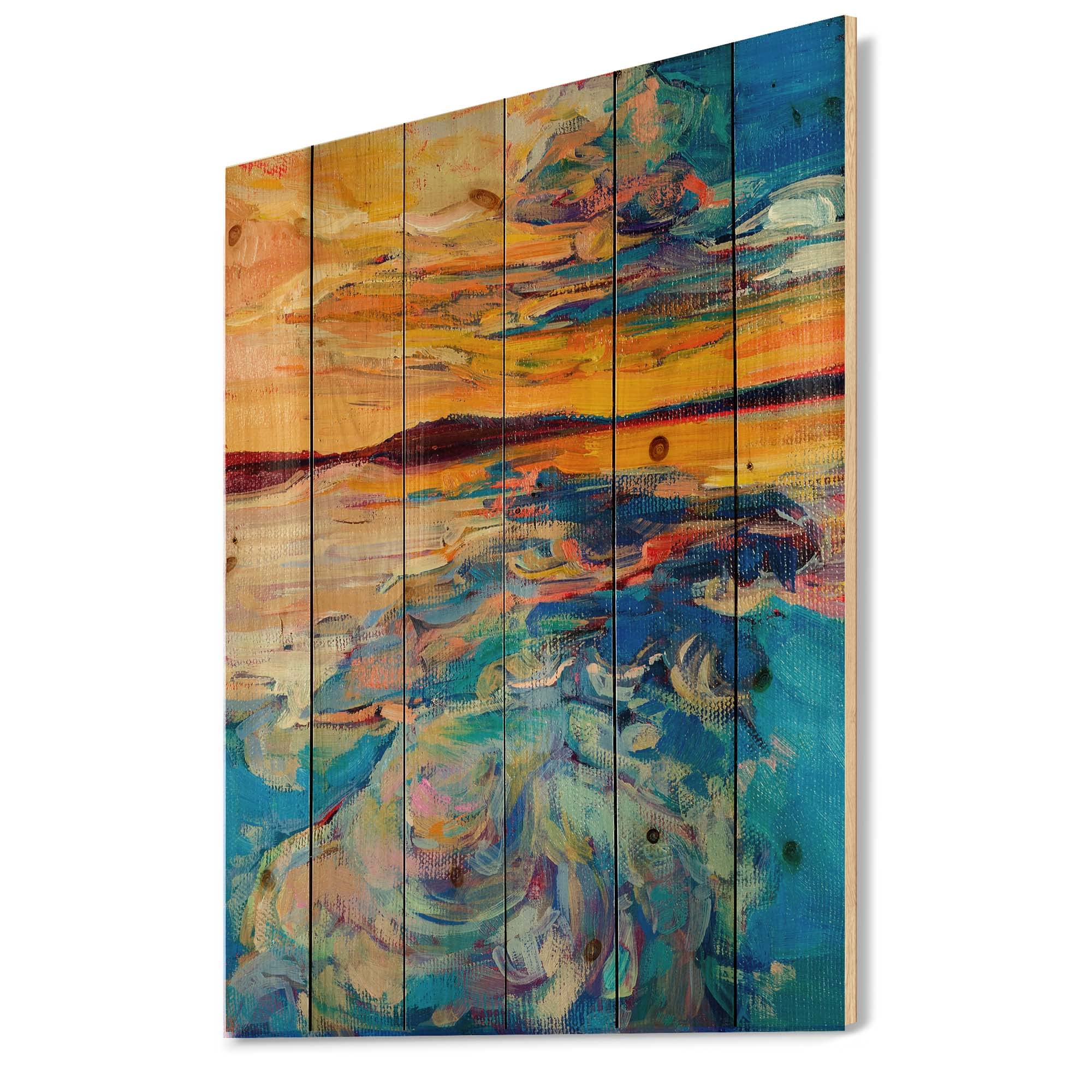 Orange Sunset Over Blue Waves Coastal Wood Wall Art - Large Abstract Nautical Wood Panel Decor Printed on Natural Pine - Perfect for Beach House, Living Room & Office Wall Decor