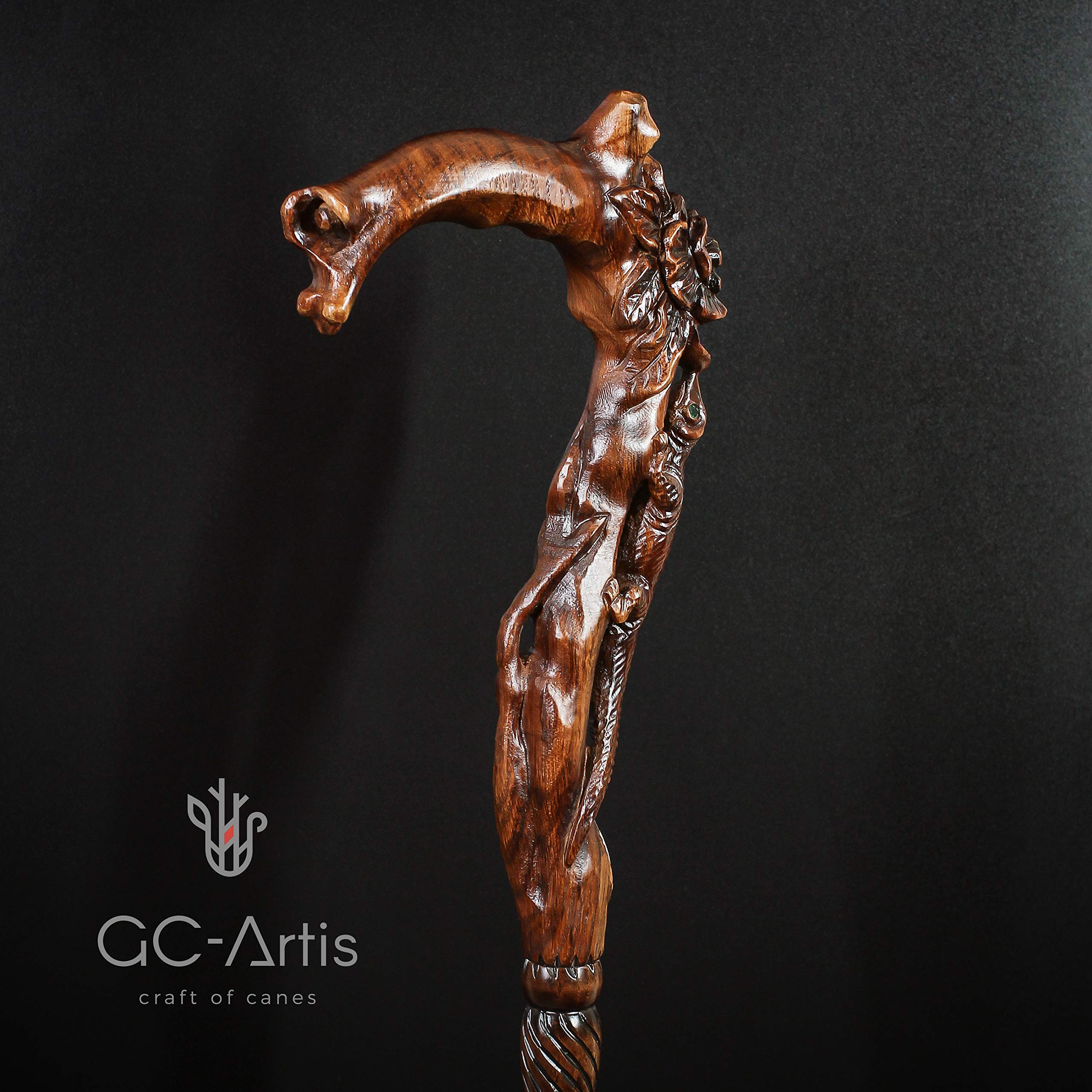 Hand Carved Wooden Walking Cane for Women - Elegant Floral & Lizard Design - Perfect for Hiking, Fashion Accessory, and Elderly Support