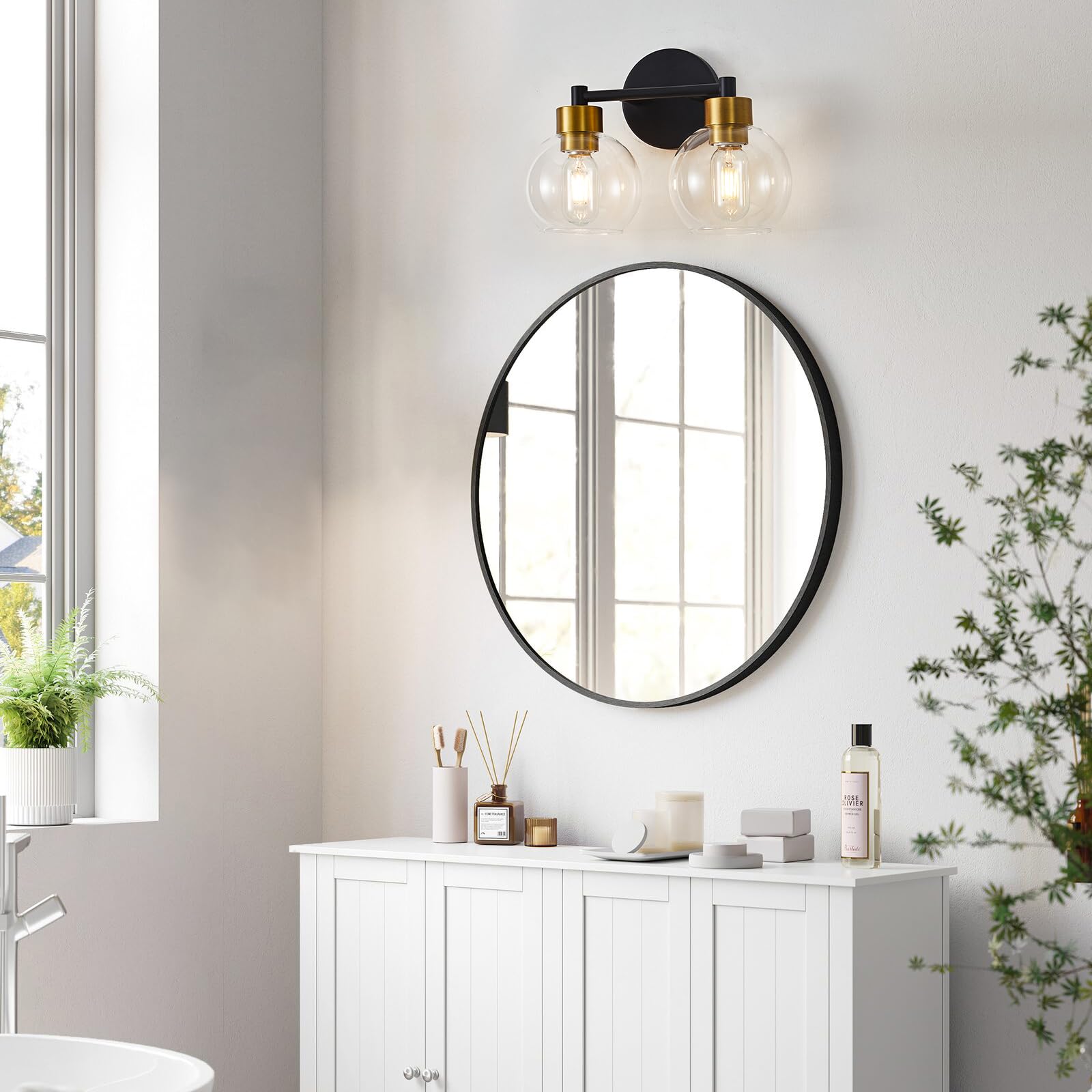 Black and Gold Bathroom Vanity Light Fixture - 2-Light Round Wall Sconce with Clear Glass Shades for Mirror, Bedroom, Living Room & Kitchen - Perfect for Modern Home Decor and Ambient Lighting