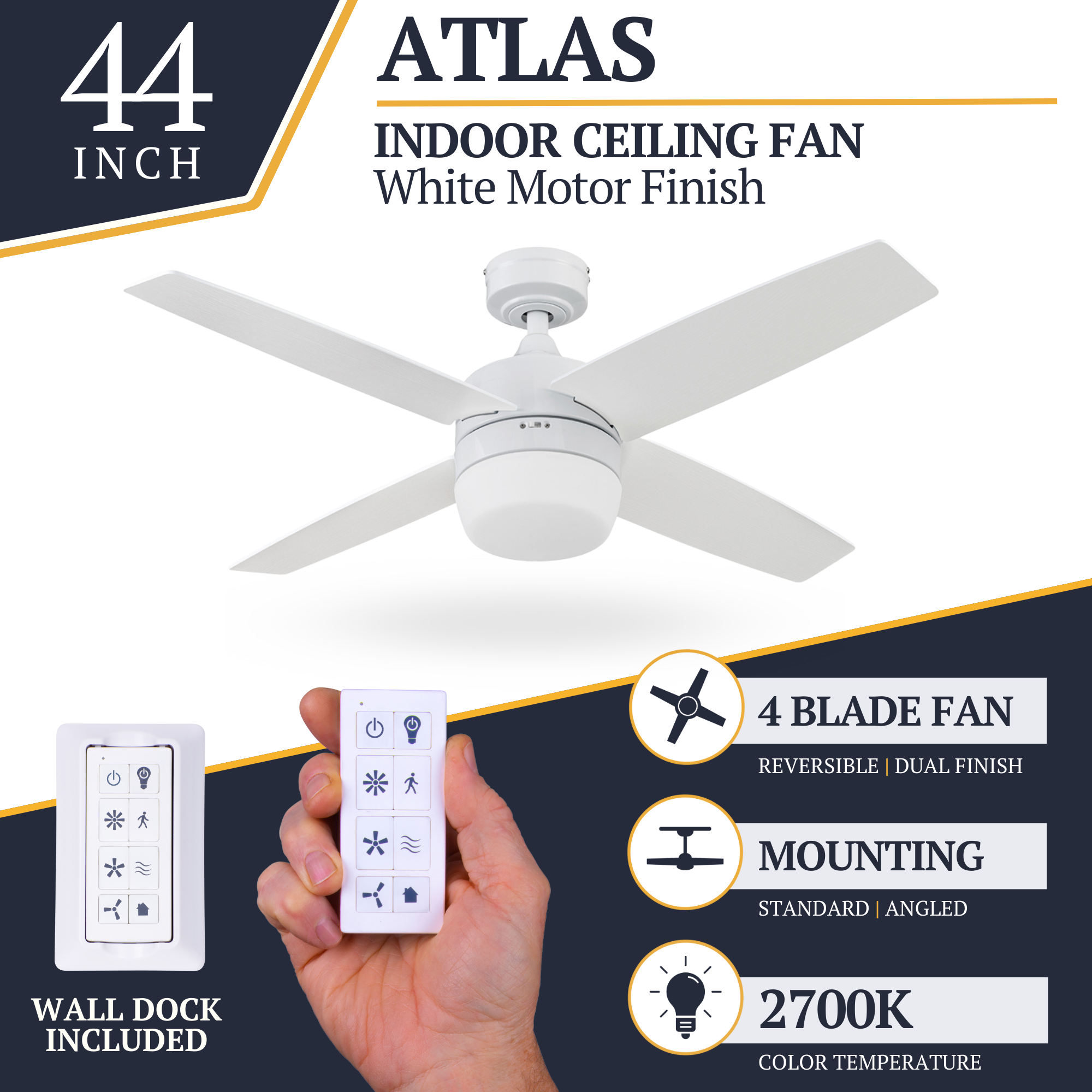 44 Inch White Atlas Ceiling Fan with Remote Control - Perfect for Living Room, Bedroom, and Outdoor Spaces