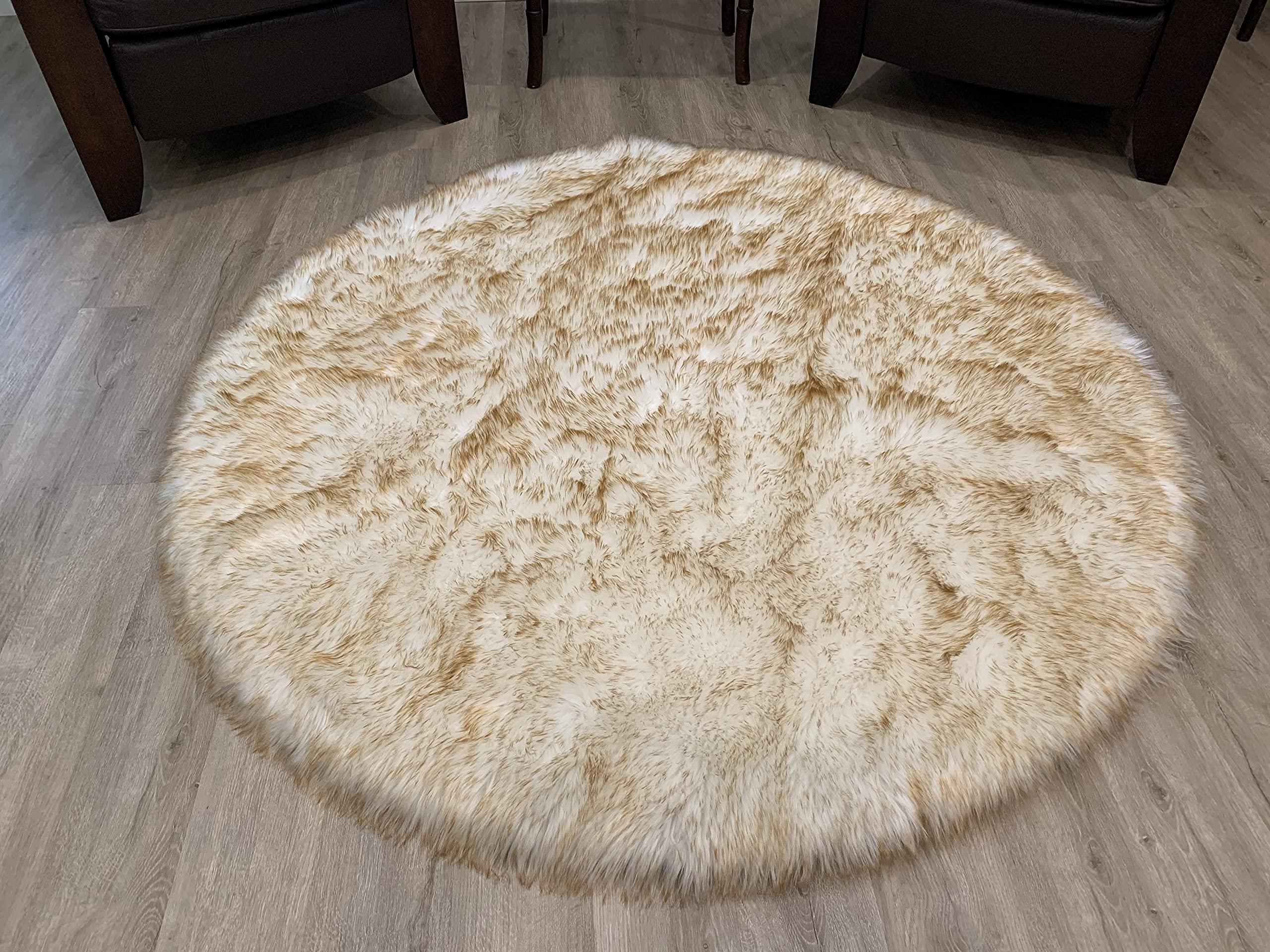 LAMBZY Faux Sheepskin Rug - Super Soft Hypoallergenic Silky Round Shaggy Carpet for Living Room, Bedroom, Nursery - 4' White/Brown Tips - Cozy Home Decor for Sofa, Chair & Floor