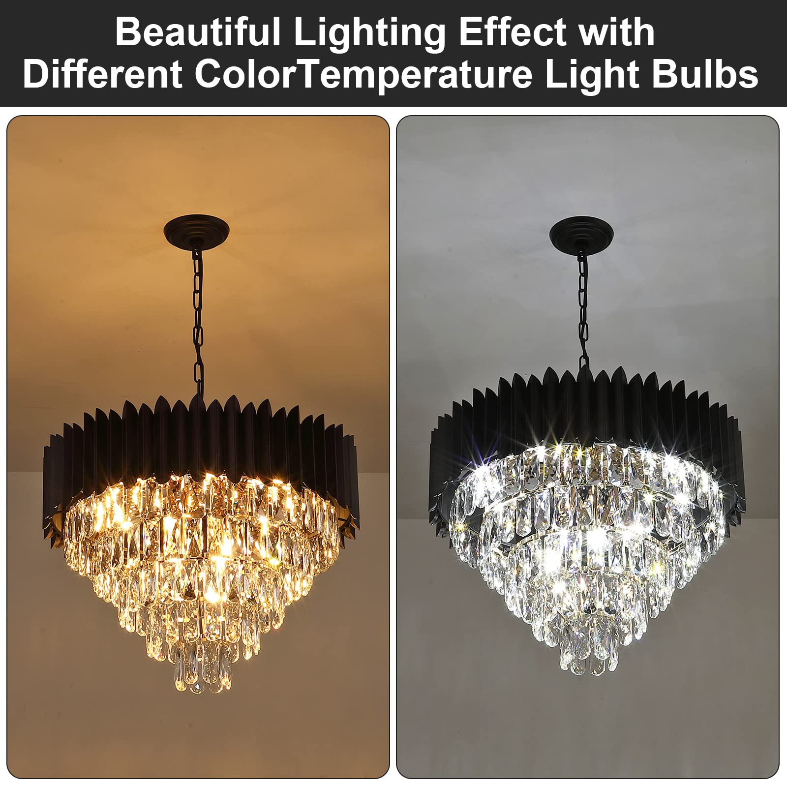 Modern Black Crystal Chandelier - 24 Inch Round Dimmable Ceiling Light Fixture with 12 Lights & 5-Tier Raindrop Design for Living Room, Dining Room, Bedroom, Foyer - Elegant Luxury Lighting for Home Decor, Wedding Venues and Hotel Lobbies