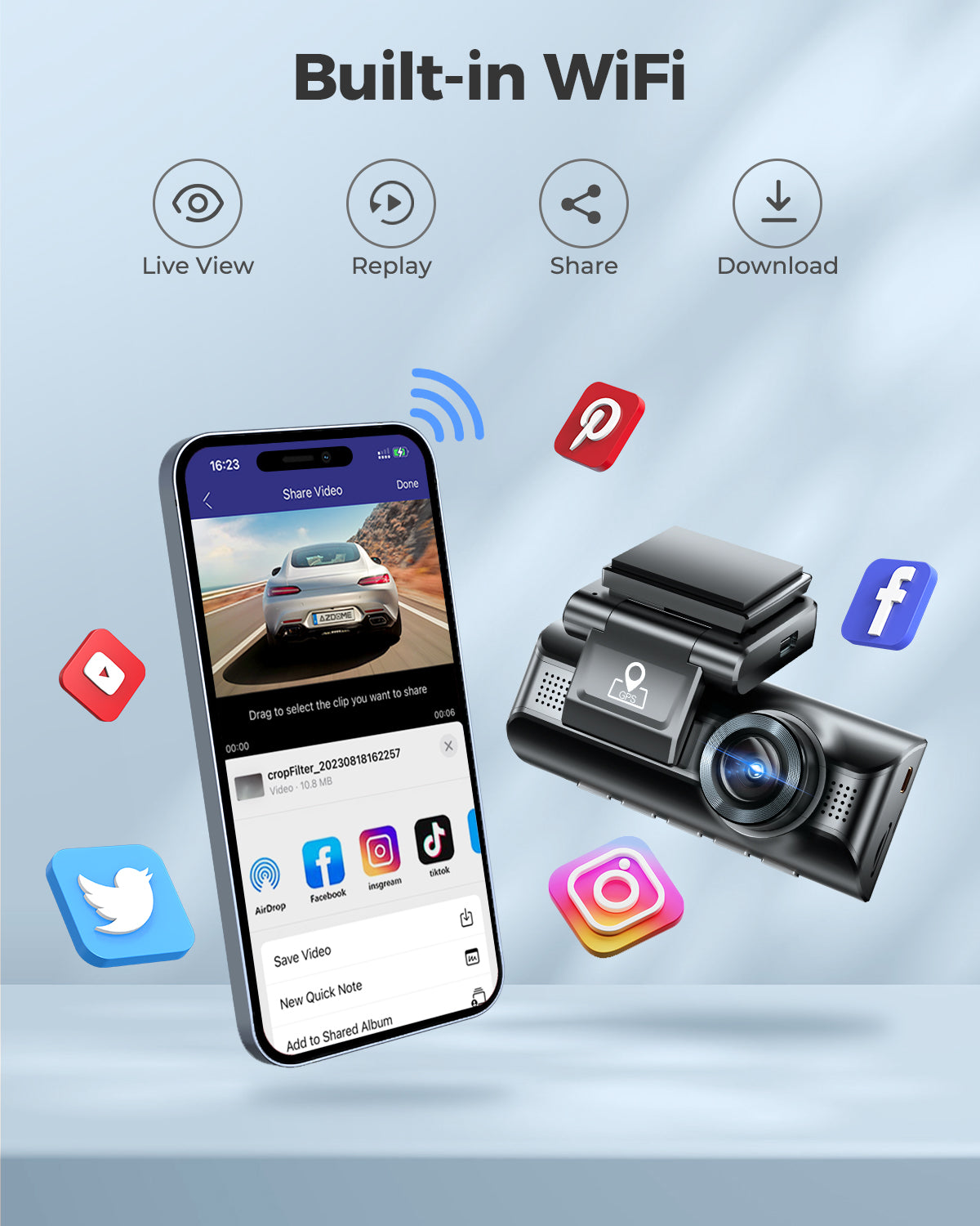 AZDOME M550 3 Channel 4K WiFi Dash Cam with 2.5K+1080P+2.5K Resolution, Built-in GPS, 24H Parking Mode, IR Night Vision & WDR - Includes Free 64GB Card (Supports up to 256GB) - Easy Installation for Cars, Trucks & RVs