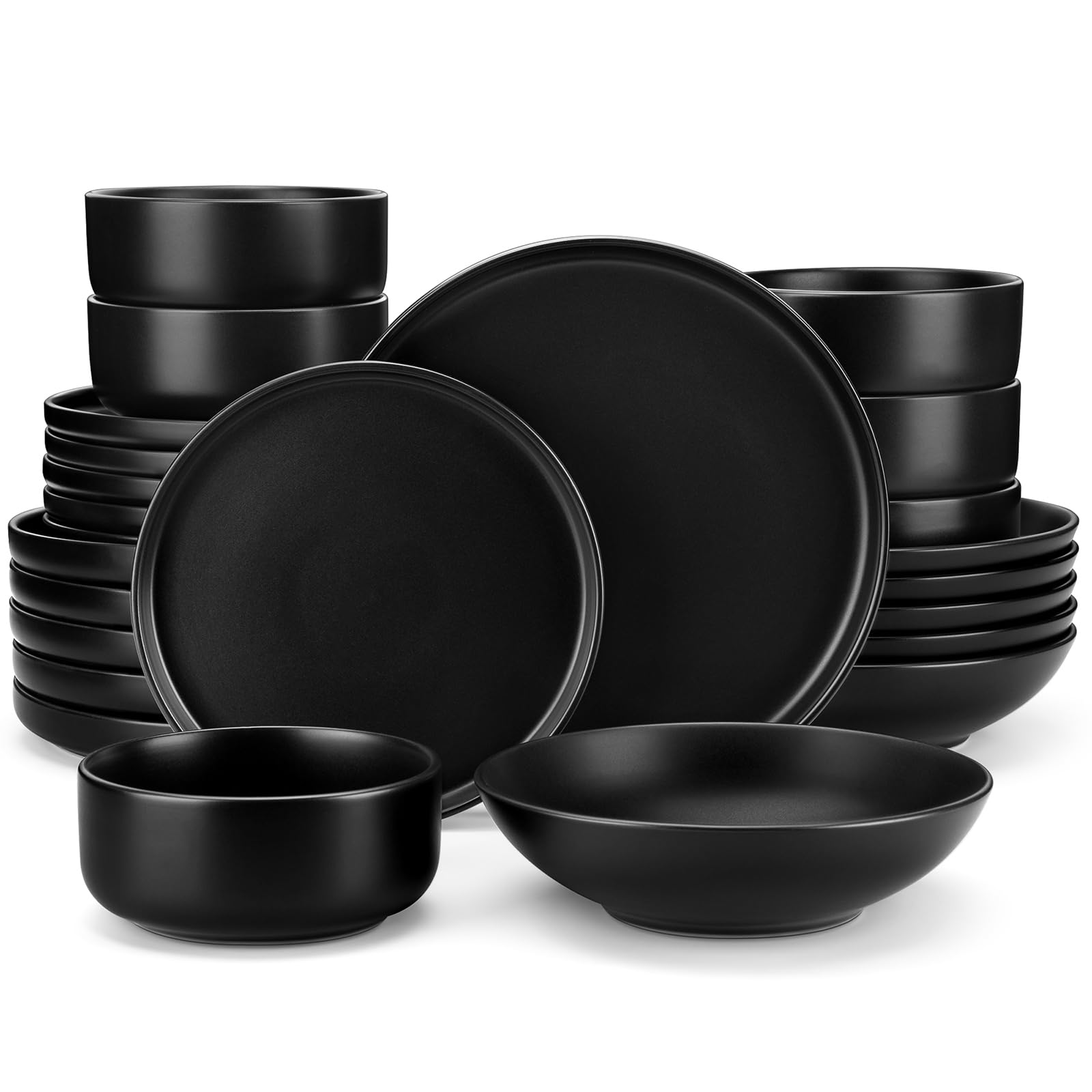 Vancasso PLAYA Series 24-Piece Black Stoneware Dinner Set - Matte Plates & Bowls for 6 People (6 Dinner Plates, 6 Dessert Plates, 6 Soup Bowls, 6 Cereal Bowls) - Elegant Tableware for Restaurants, Weddings & Family Dining
