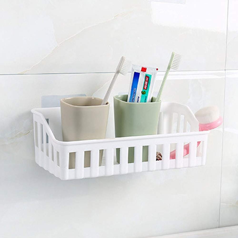 No Drill Adhesive Bathroom Shelf with Hooks - Wall Mounted Shower Organizer & Kitchen Spice Rack - Space Saving Corner Storage for Bath Essentials, Shampoo, and Spices (White) - Perfect for Small Bathrooms, Showers, and Kitchen Pantries