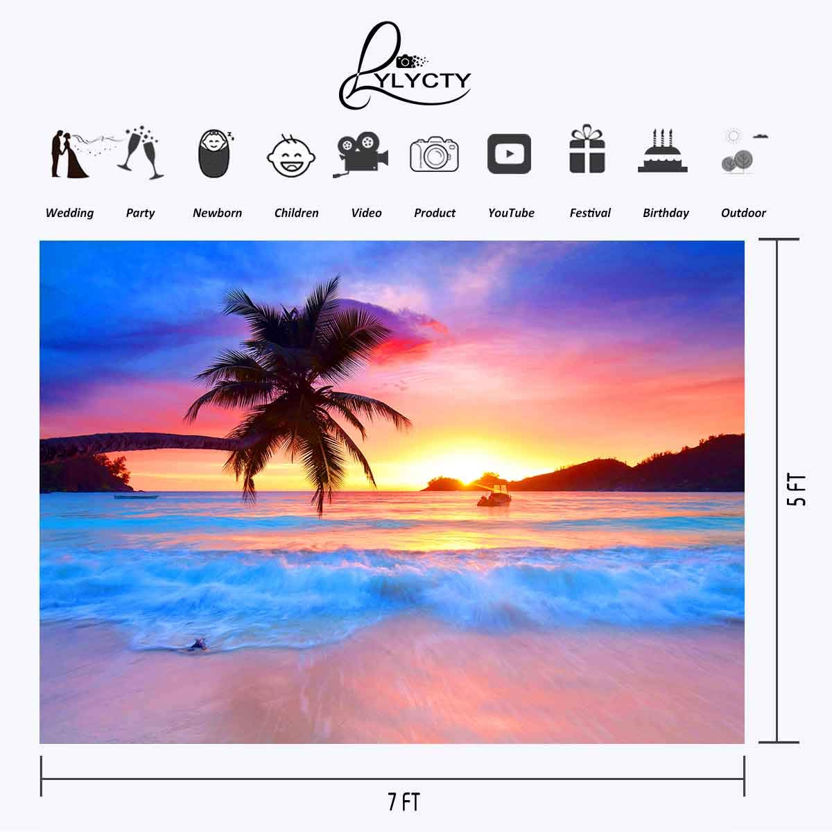 Beach Backdrop with Seaside Palm Tree & Sunset - Photography Background for Vacation Photos, Party Decor, Social Media & Home Wall Art