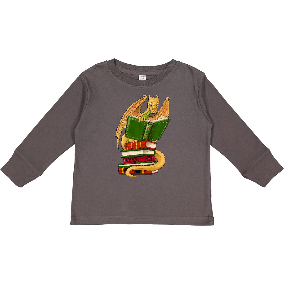 Inktastic Well-Read Cute Gold Dragon Reading Books Toddler Long Sleeve T-Shirt - Perfect for Storytime, Library Visits & Book Lover Kids Outfits