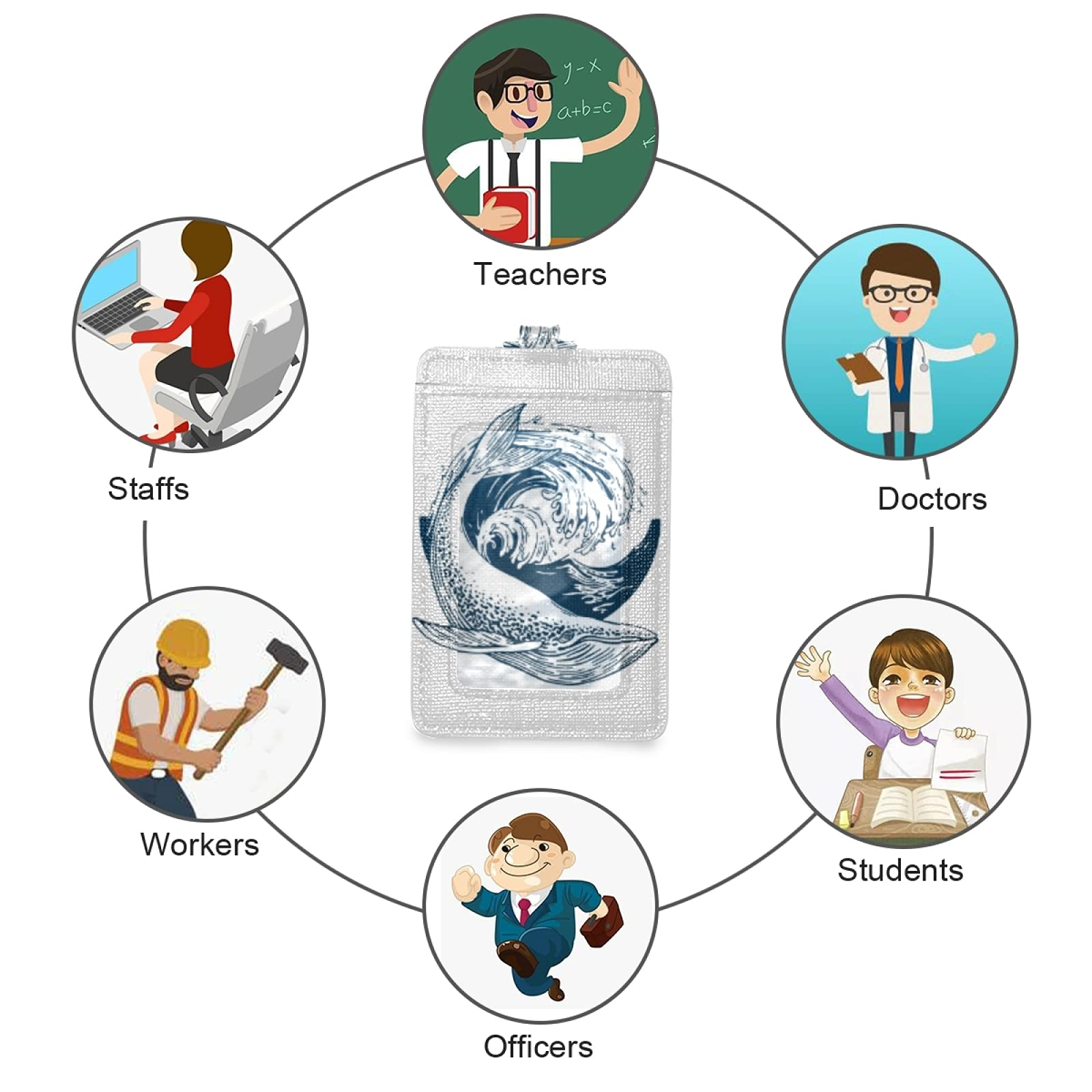 Wave & Whale Vertical Leather ID Badge Holder with Lanyard - Office & School Staff Use